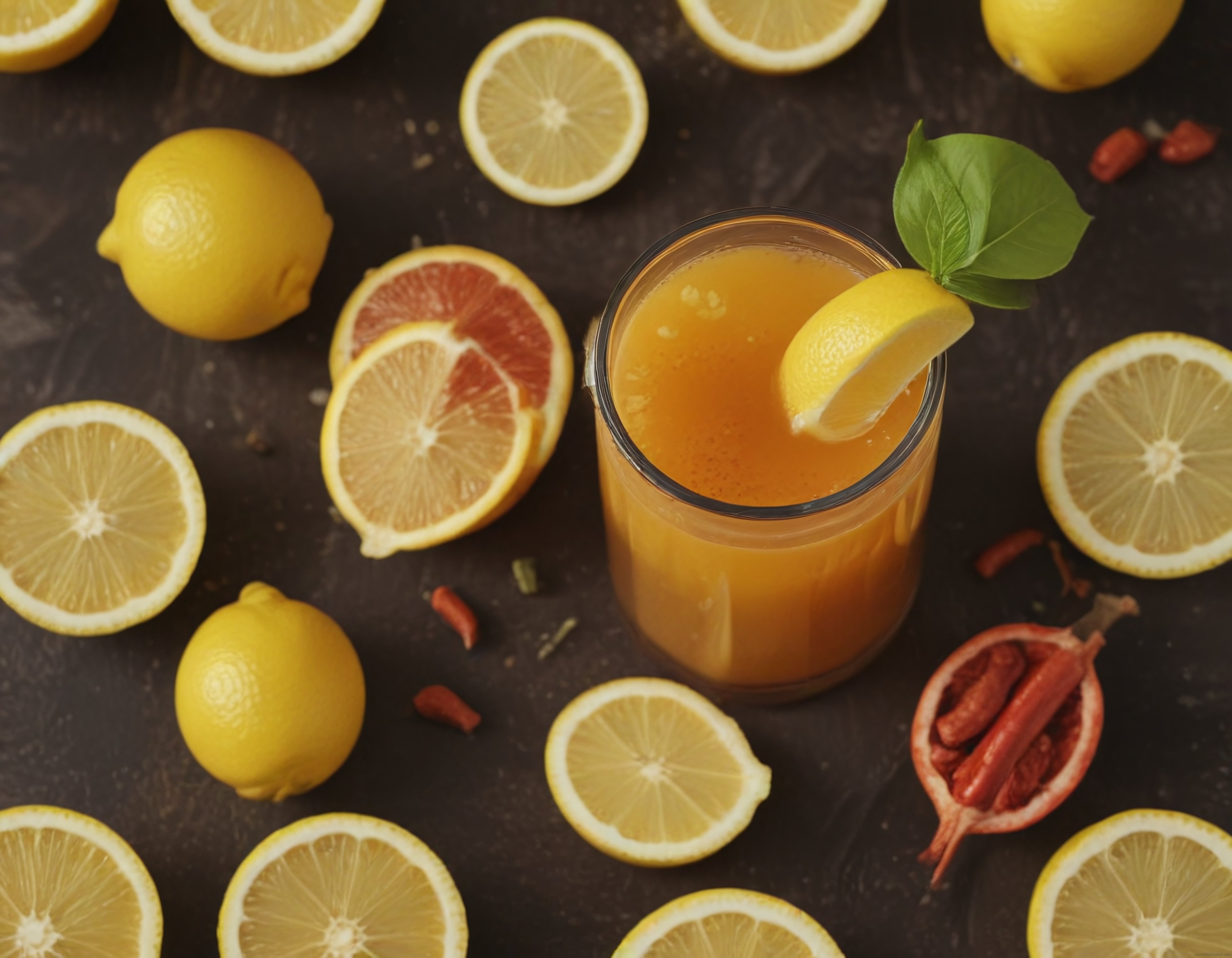 Limon ve Greyfurt Dilimleriyle Süslenmiş Fesleğen Yapraklı Ferahlatıcı İçecek