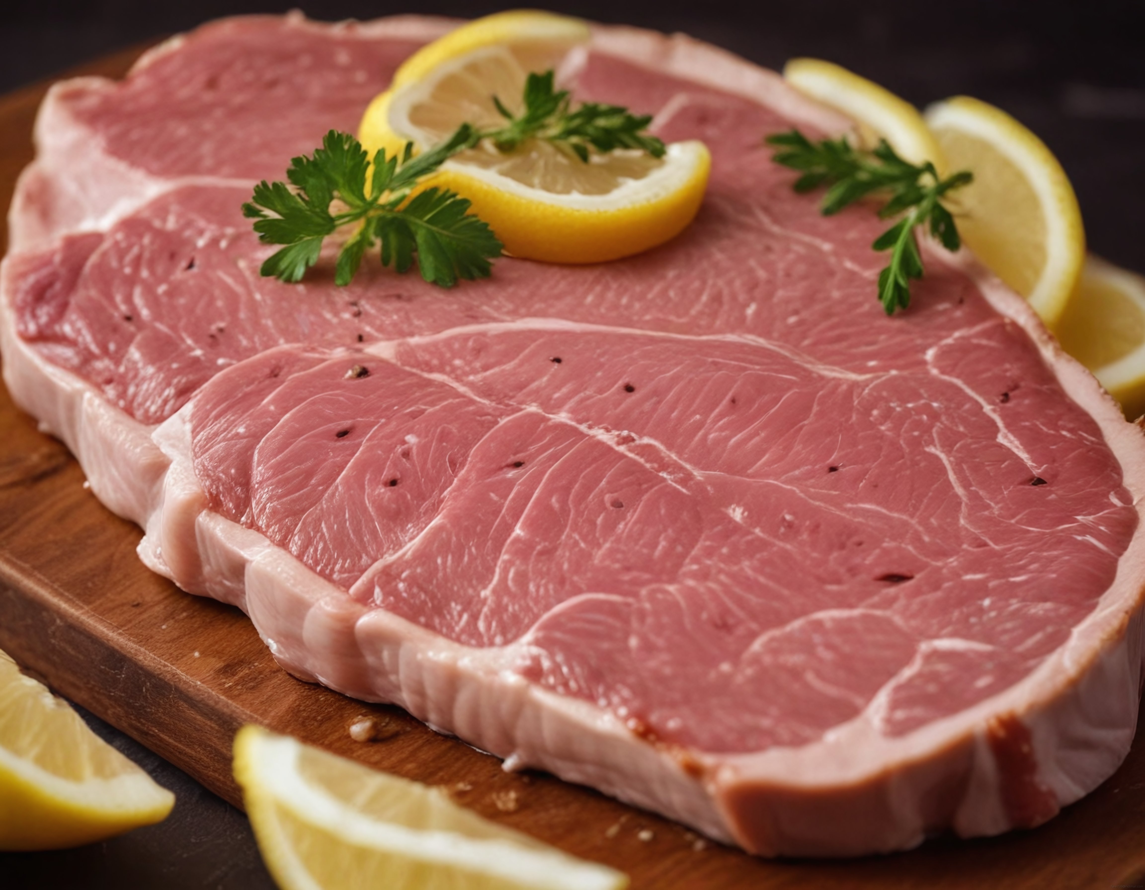 limon ve maydanoz ile süslenmiş ahşap tahta üzerinde çiğ dana et sunumu