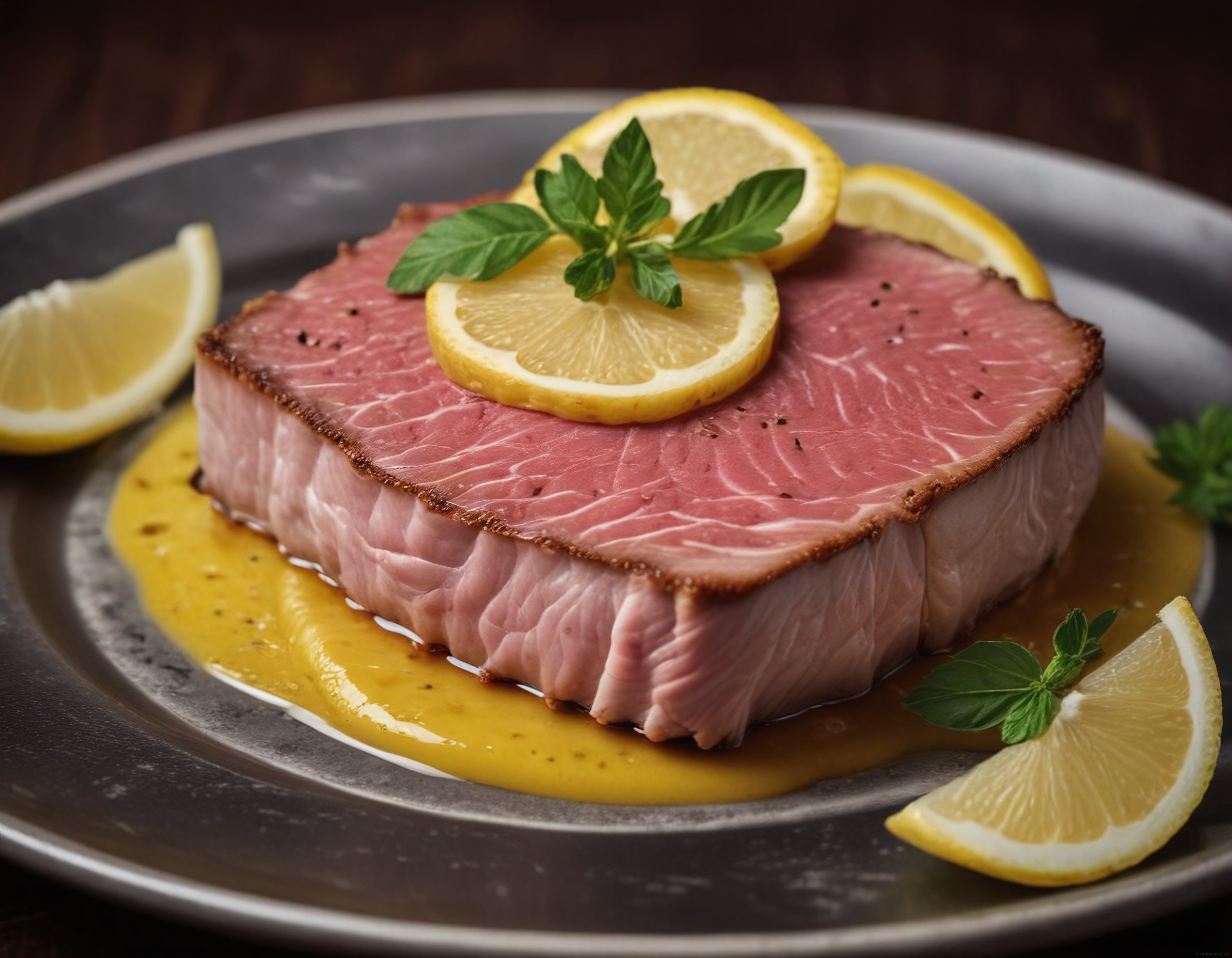 Limon ve Nane Yapraklarıyla Süslenmiş Özel Soslu Izgara Ton Balığı Biftek