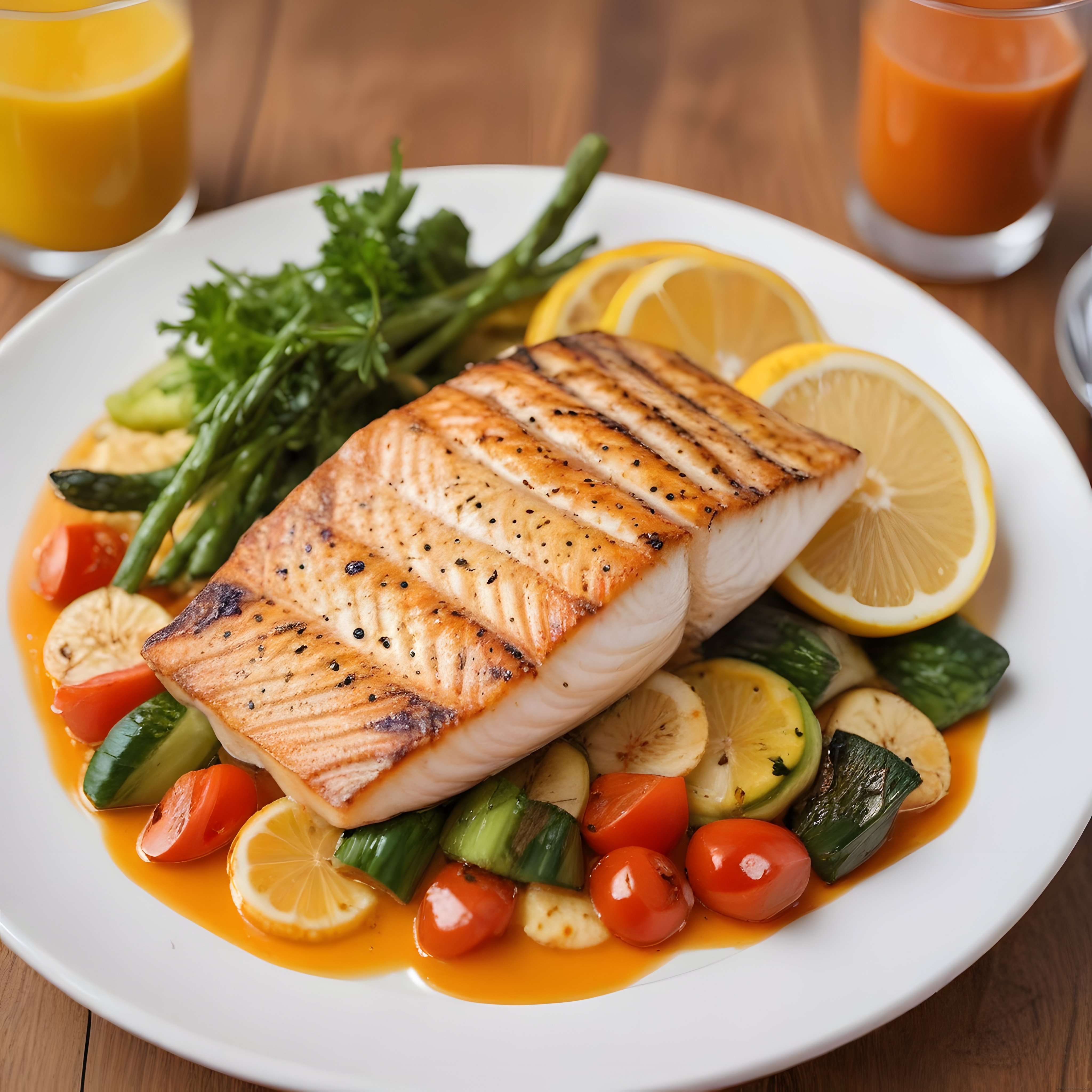 Limon ve Taze Sebzelerle Süslenmiş Izgara Somon Balığı Brunch Tabağı