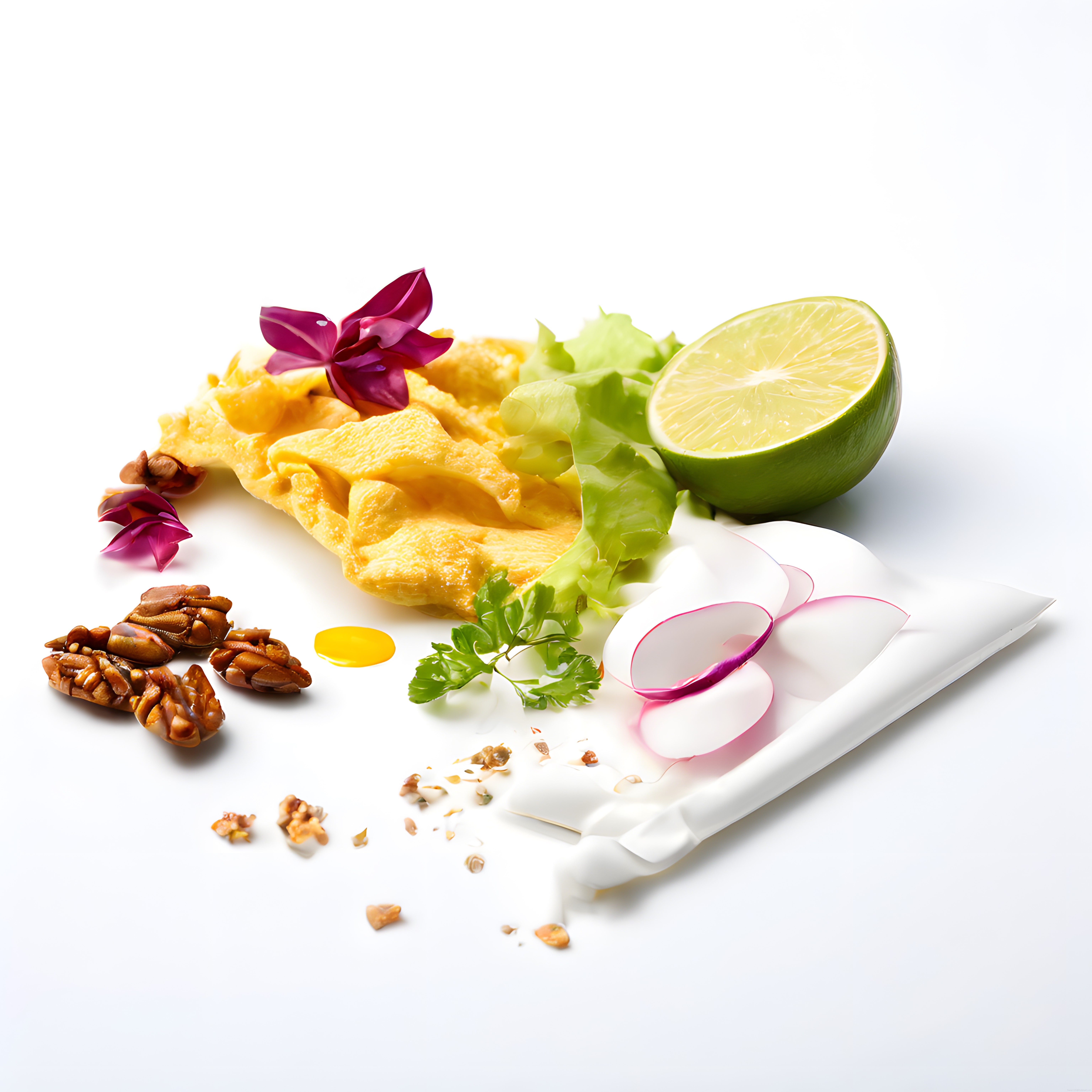 Limon ve taze yeşilliklerle süslenmiş minimalist kahvaltılık omlet tabağı