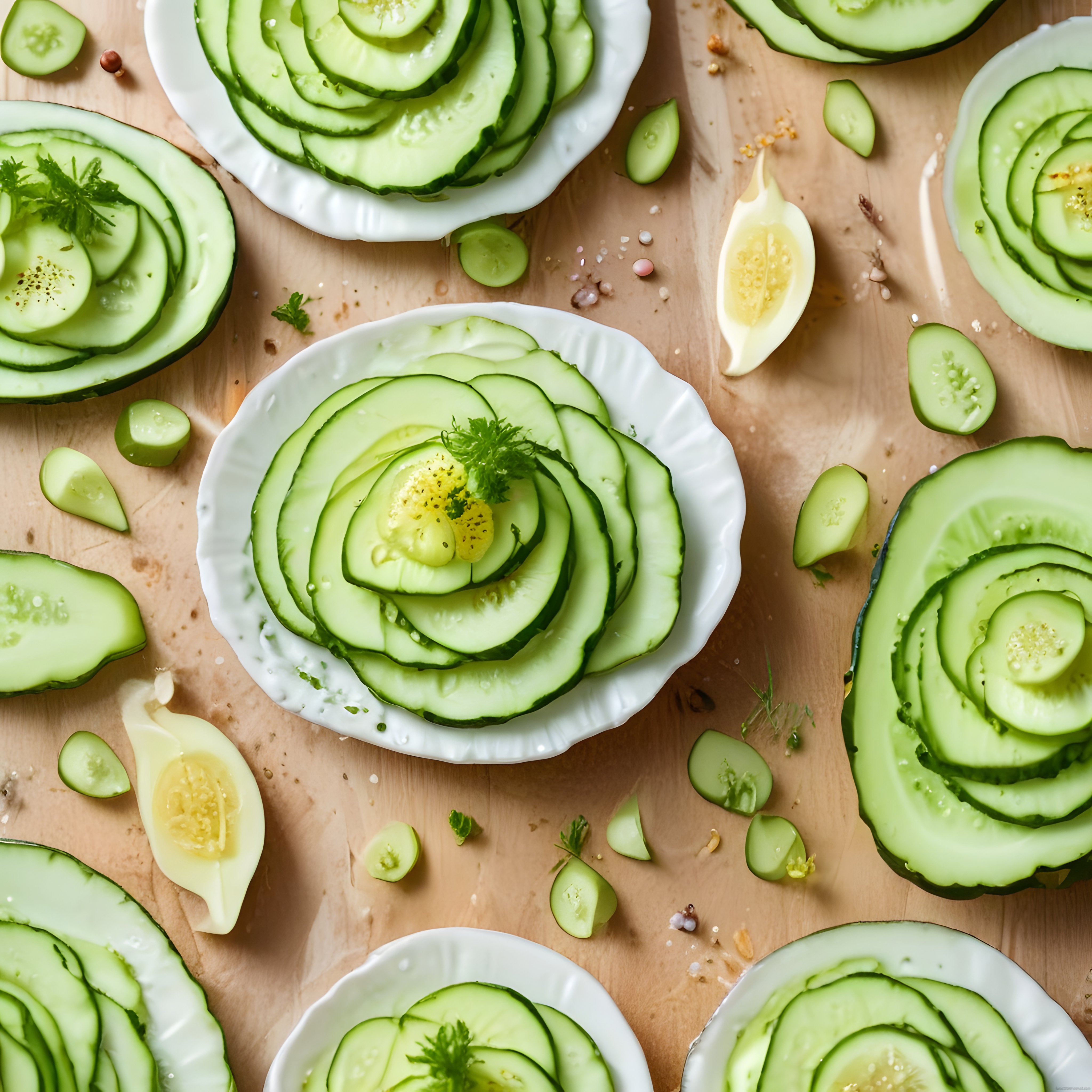 Limon ve Taze Yeşilliklerle Süslenmiş Salatalık Carpaccio Sunumu