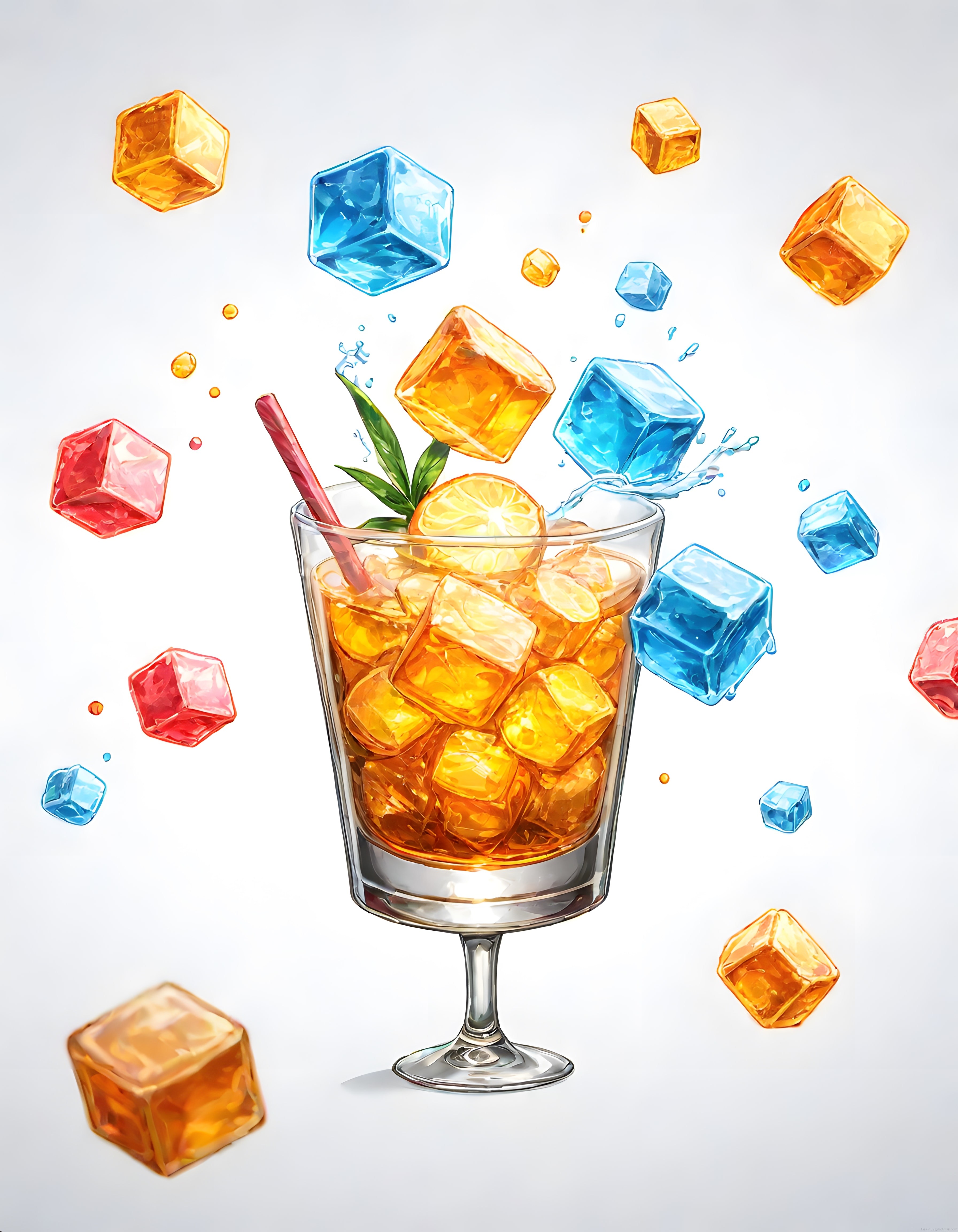 Limon ve Uçuşan Parlak Buzlarla Süslenmiş Amber Rengi Yaz İçeceği