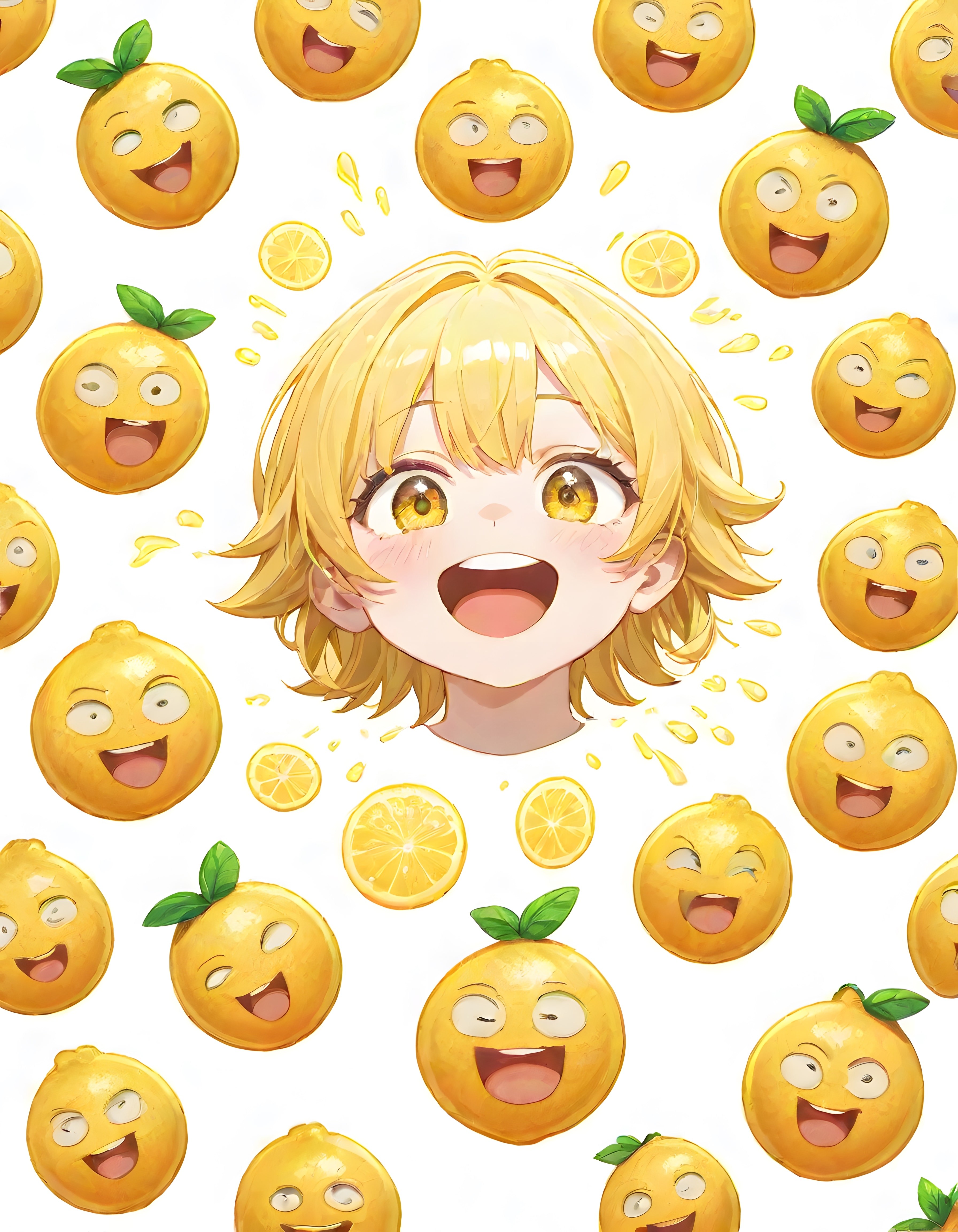 Limon yüzlü neşeli meyveler ve anime kızın sarı tonlardaki eğlenceli dünyası
