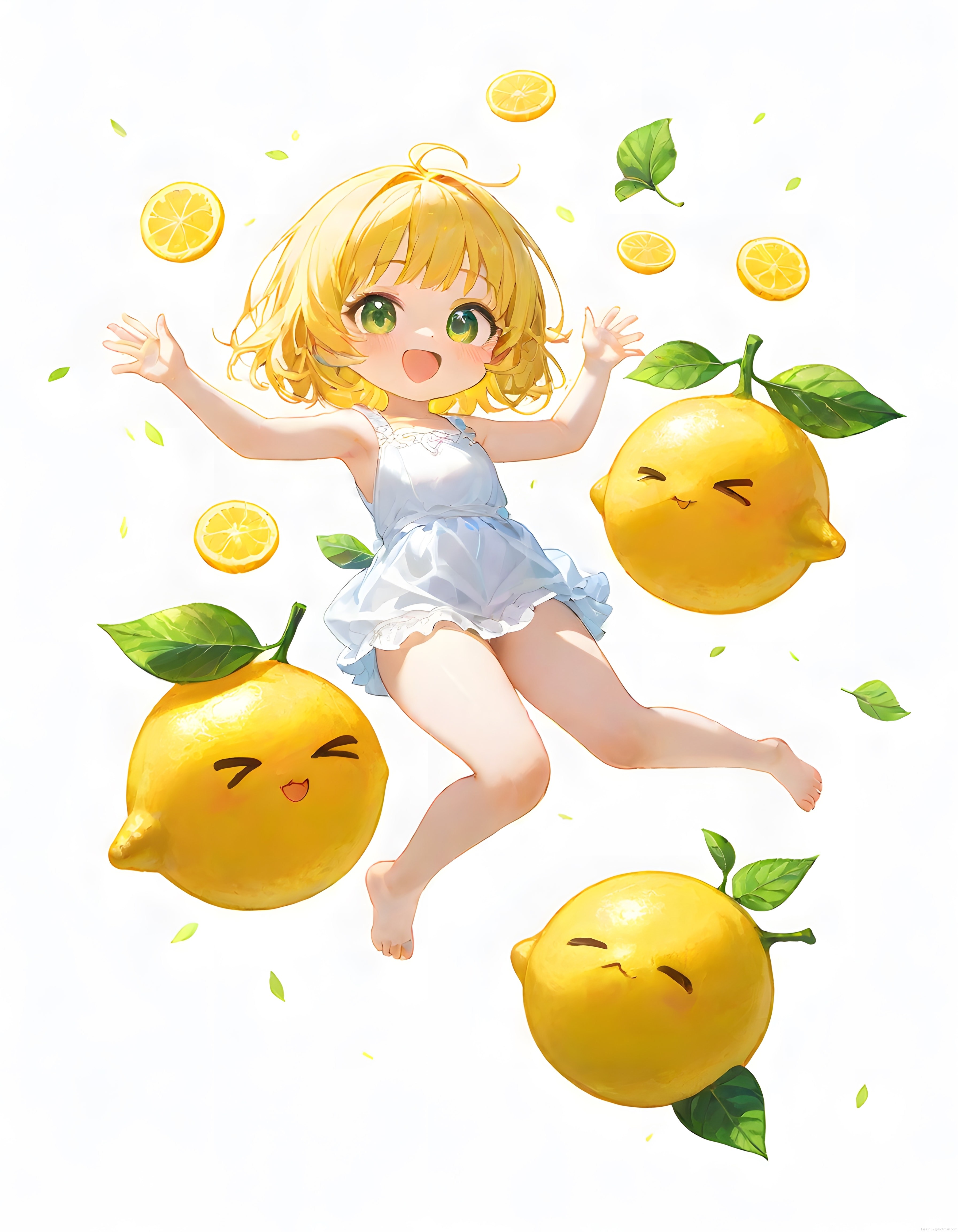 Limonların Arasında Uçan Sevimli Anime Kız ve Neşeli Meyve Arkadaşları