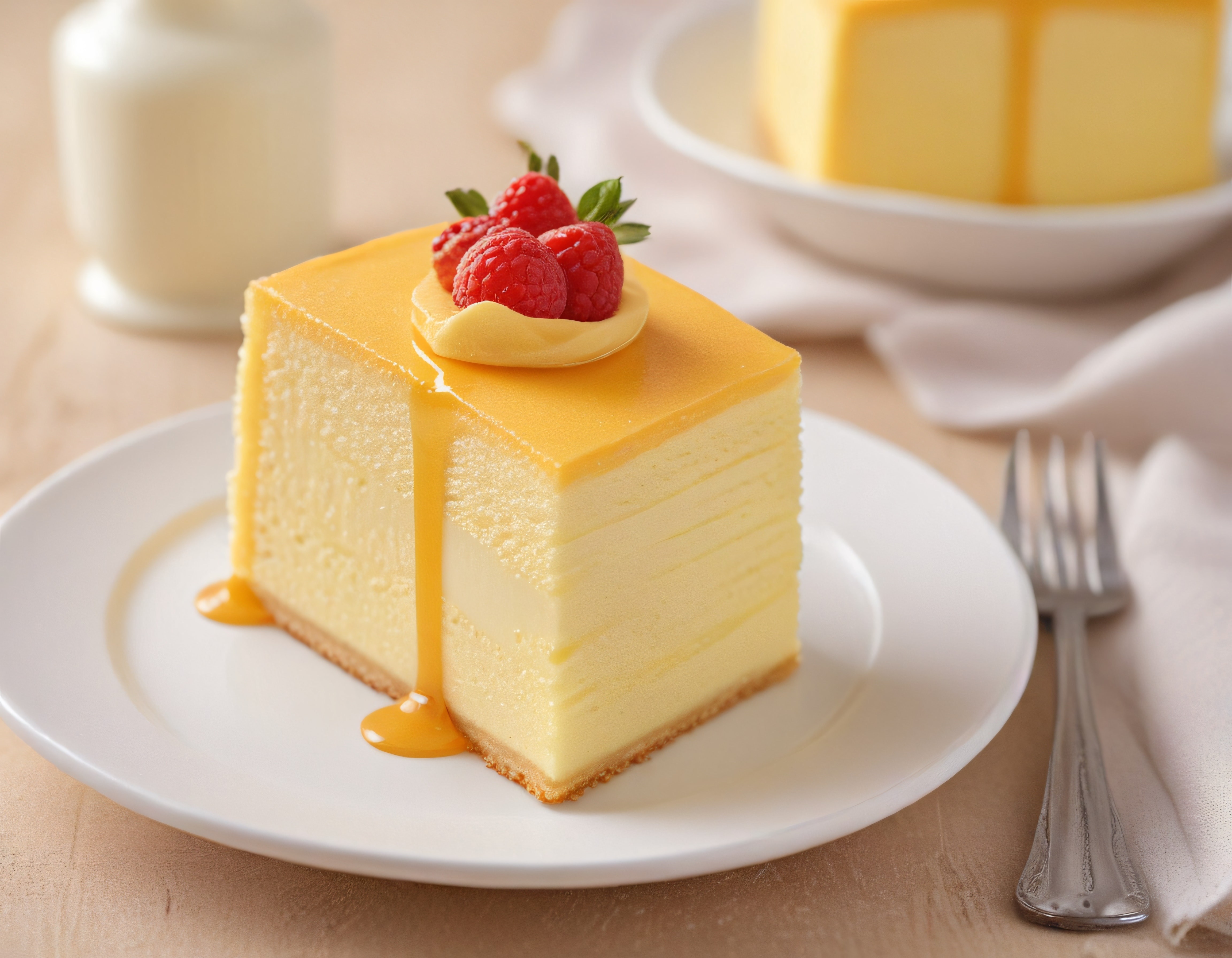 Limonlu Cheesecake Dilimi: Karamel Sosu ve Taze Ahududu ile Tatlı Keyfi