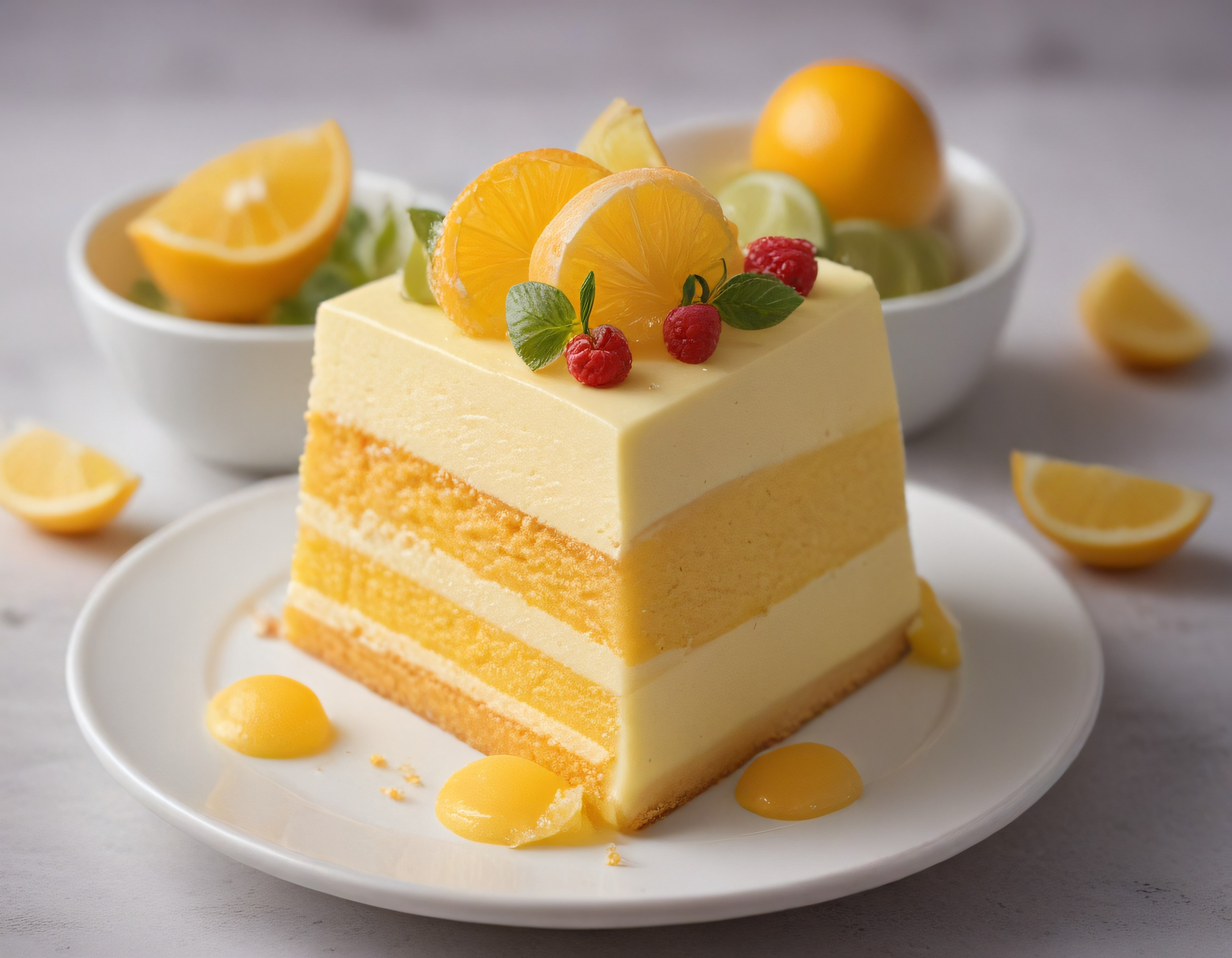 Limonlu Katmanlı Pasta Dilimi: Taze Meyveler ve Nane Yapraklarıyla Sunum