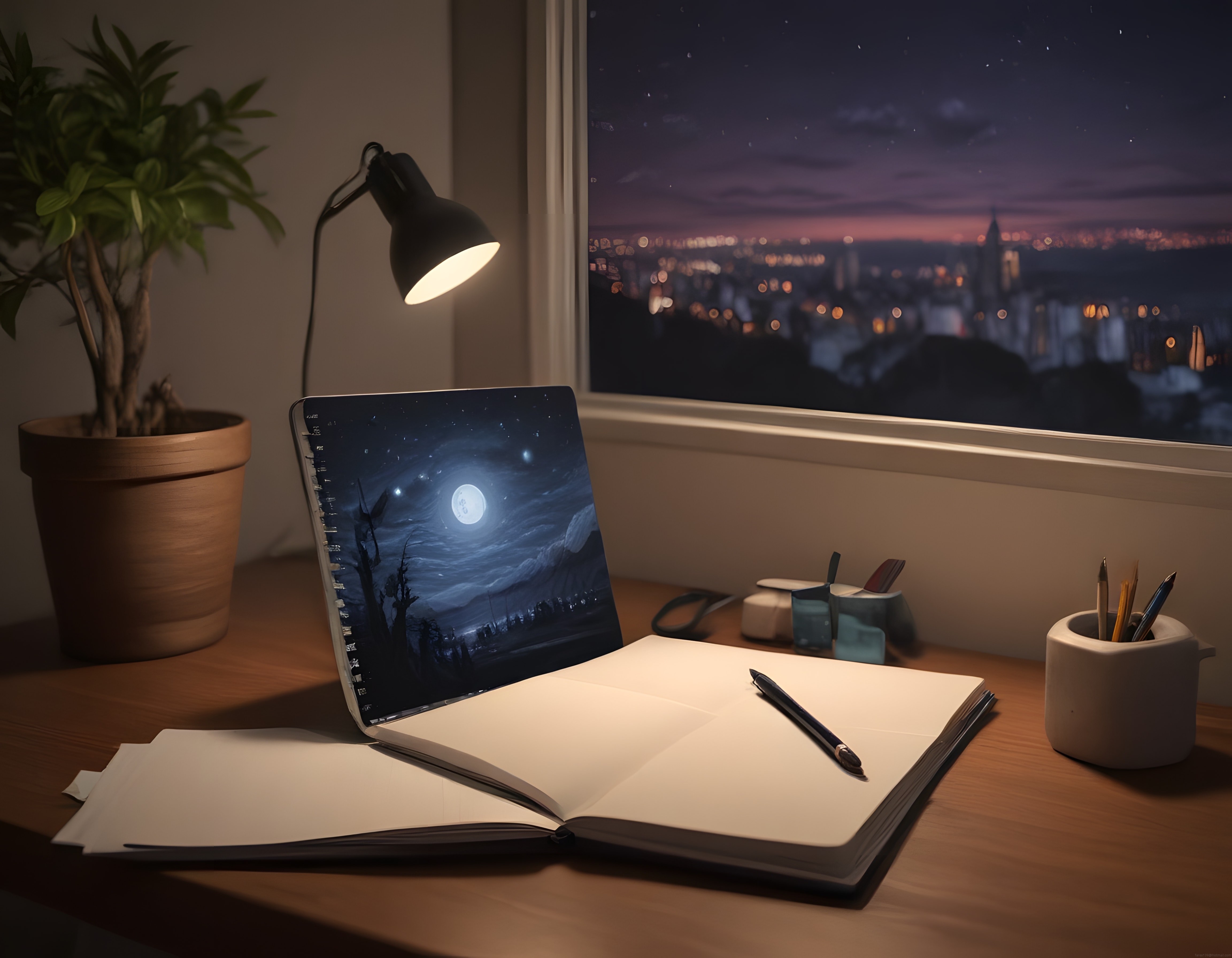 Lo-Fi Çalışma Köşesi: Gece Manzaralı Pencere Önünde Huzurlu Masa Düzeni
