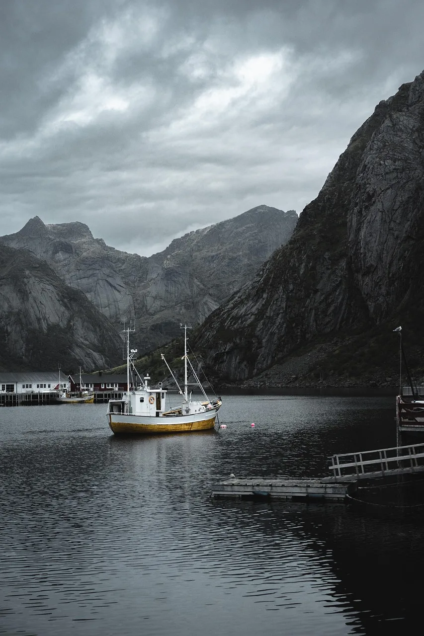 Lofoten fiyortları manzaralı Norveç köyü - panoramik doğa