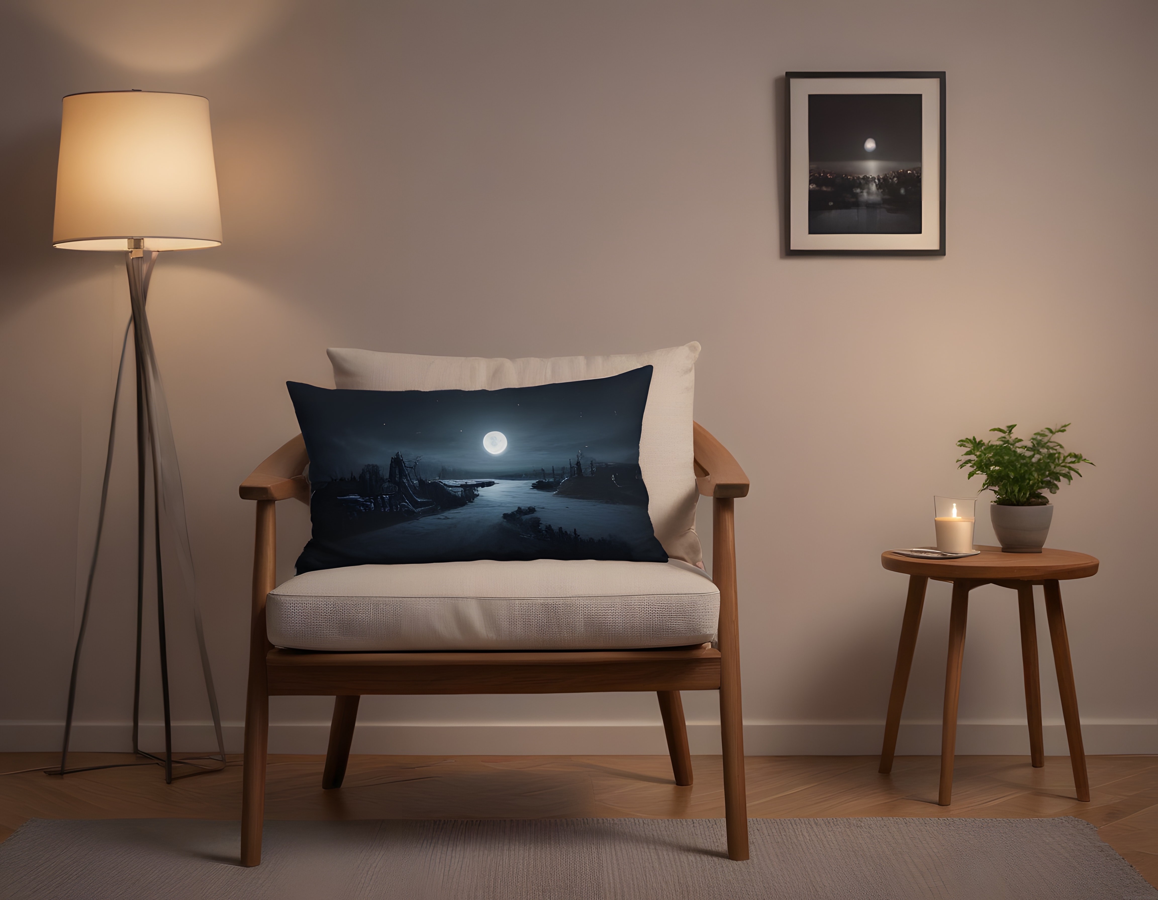 Loft Stili İç Mekanda Gece Manzaralı Yastık ve Sıcak Işıklandırma