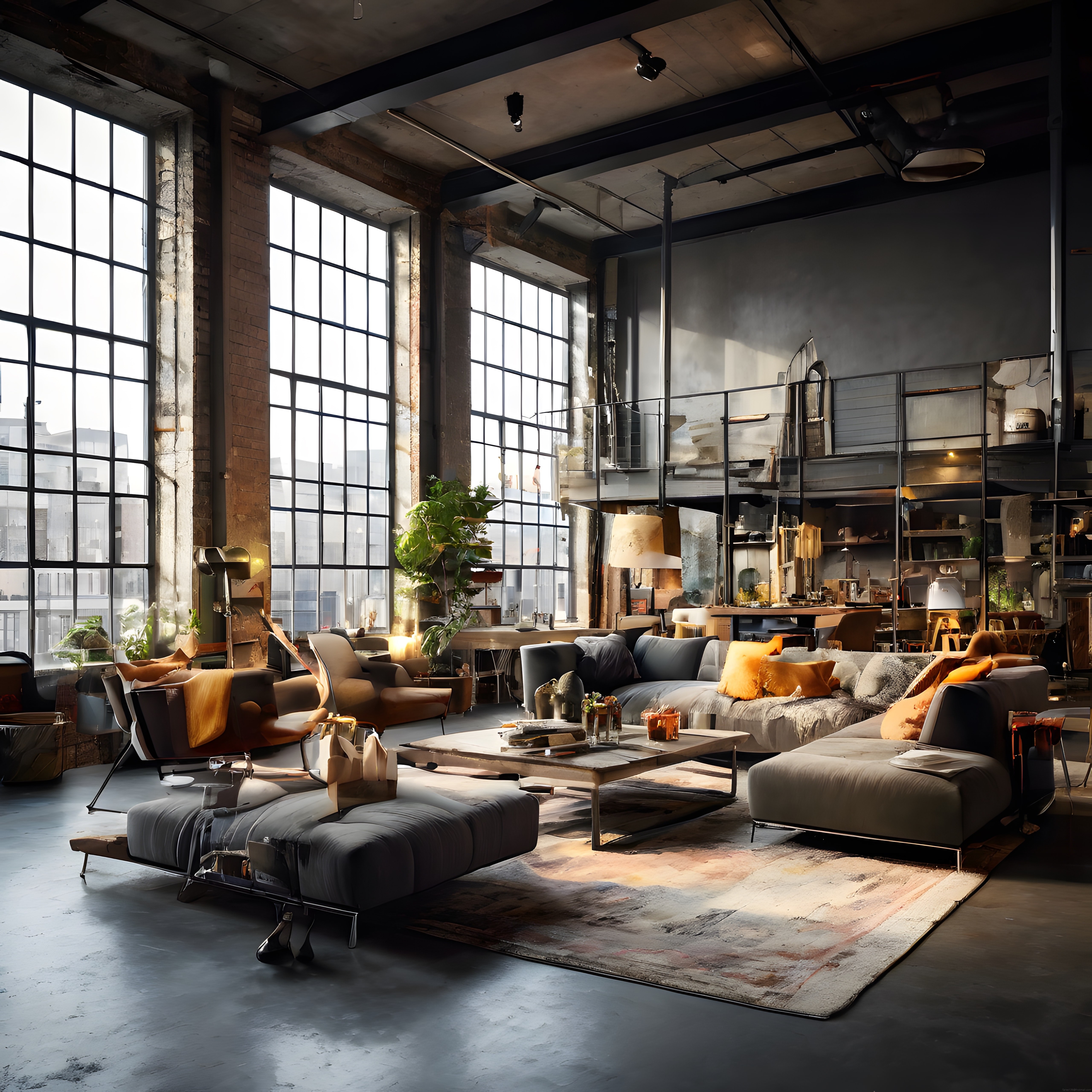 Loft Tarzı Endüstriyel Salon: Yüksek Tavanlı, Işık Dolu Modern Yaşam Alanı