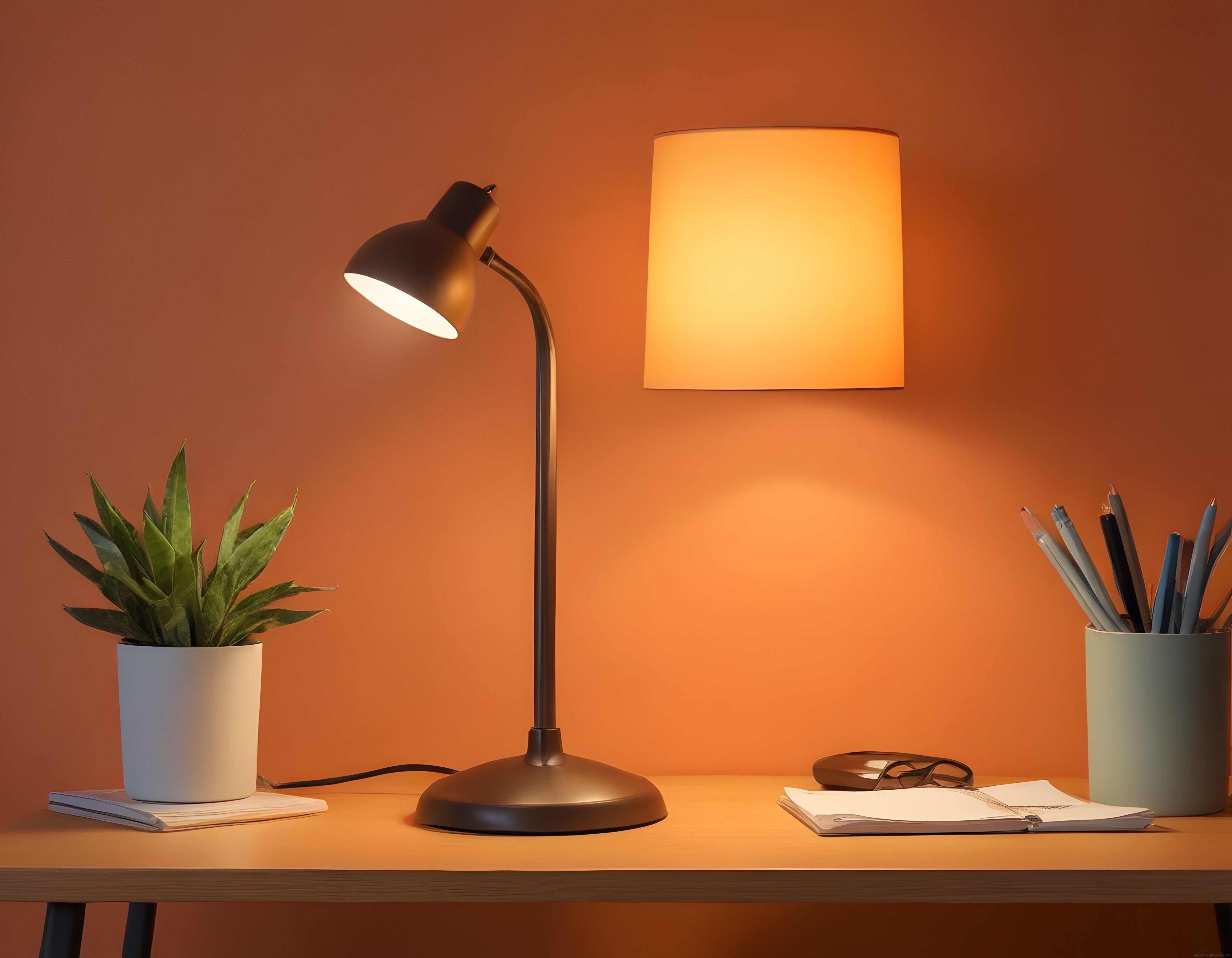 Loft Tarzı Sıcak Işıklı Çalışma Alanı: Turuncu Duvarlı Modern Ev Ofisi Dekoru