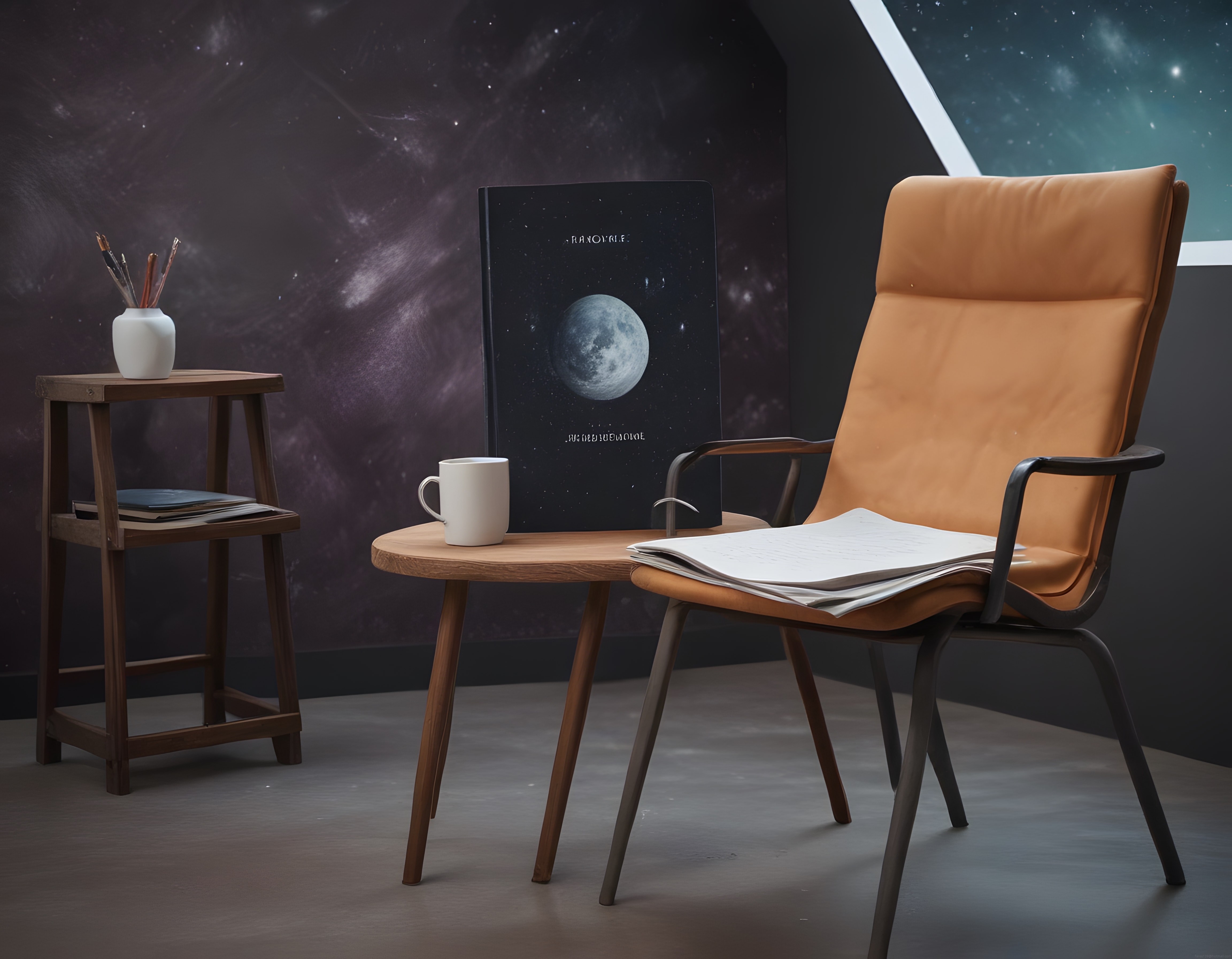 Loft tarzı uzay temalı oda dekorasyonu ve turuncu deri koltuk