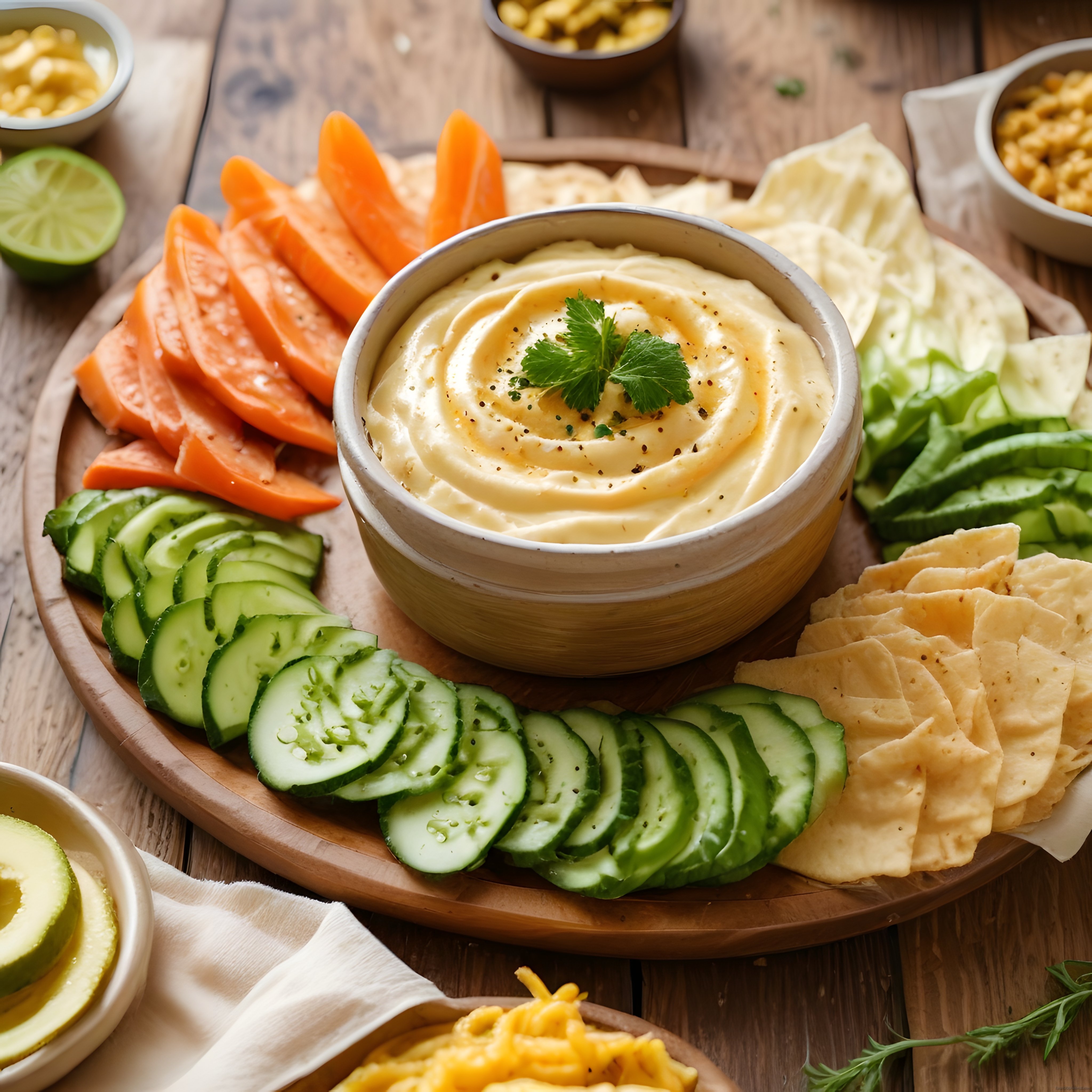 Lokanta Usulü Humus Tabağı: Taze Sebze, Cips ve Dip Sos Sunumu