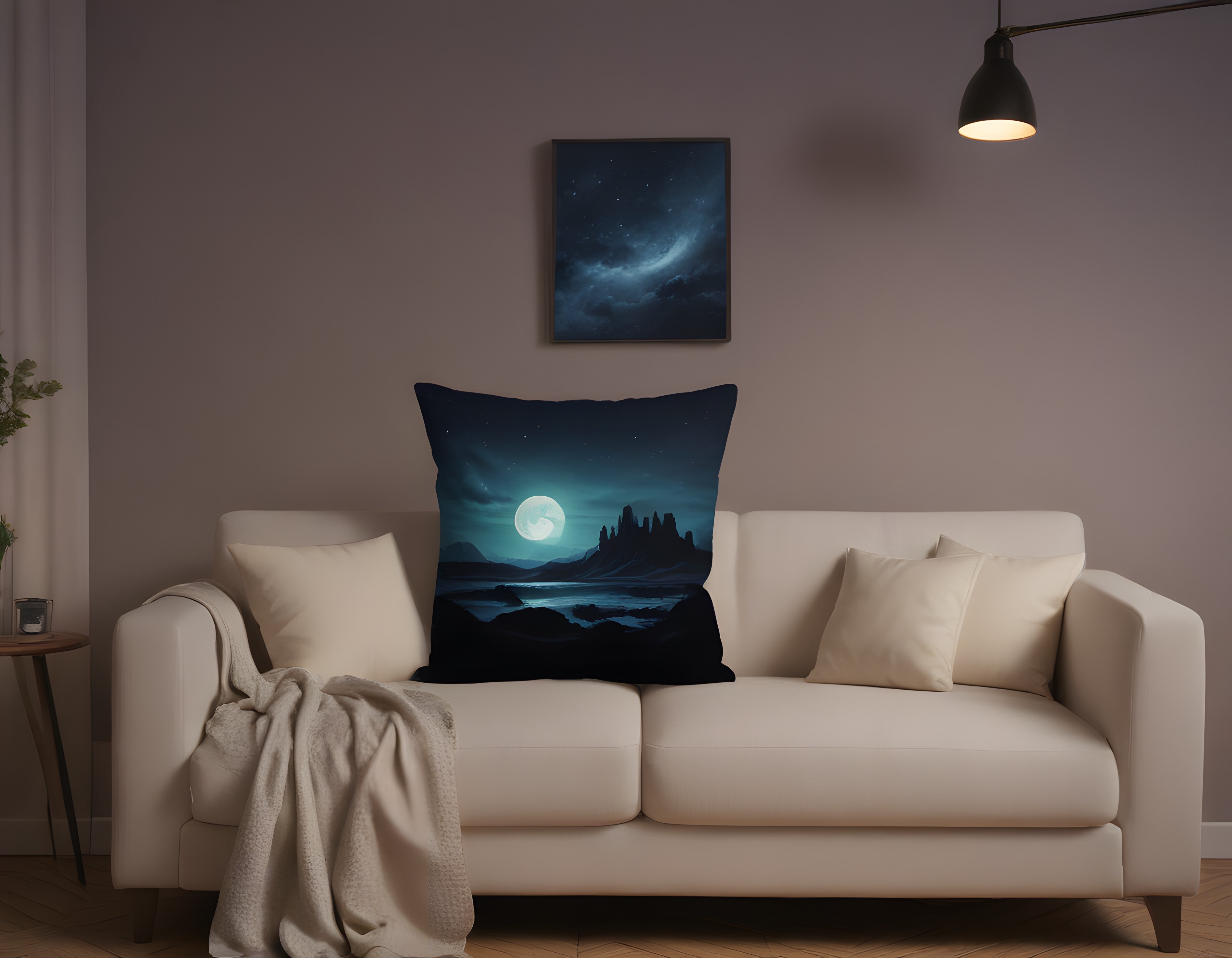 Loş atmosferli modern salonda gece temalı dekoratif yastık ve duvar tablosu