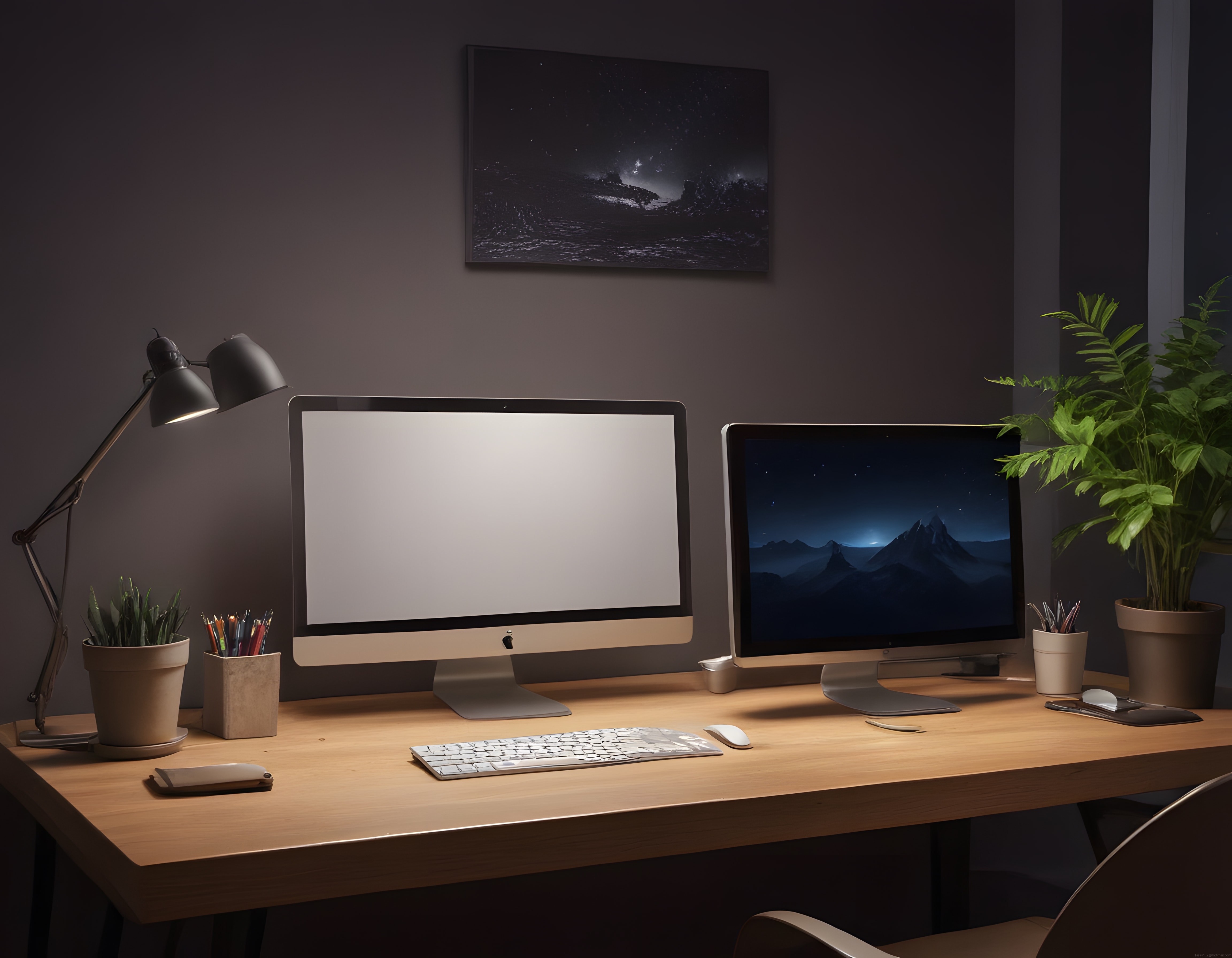 Loş Aydınlatmalı Modern Çift Monitörlü Ev Ofis Çalışma Masası Düzeni