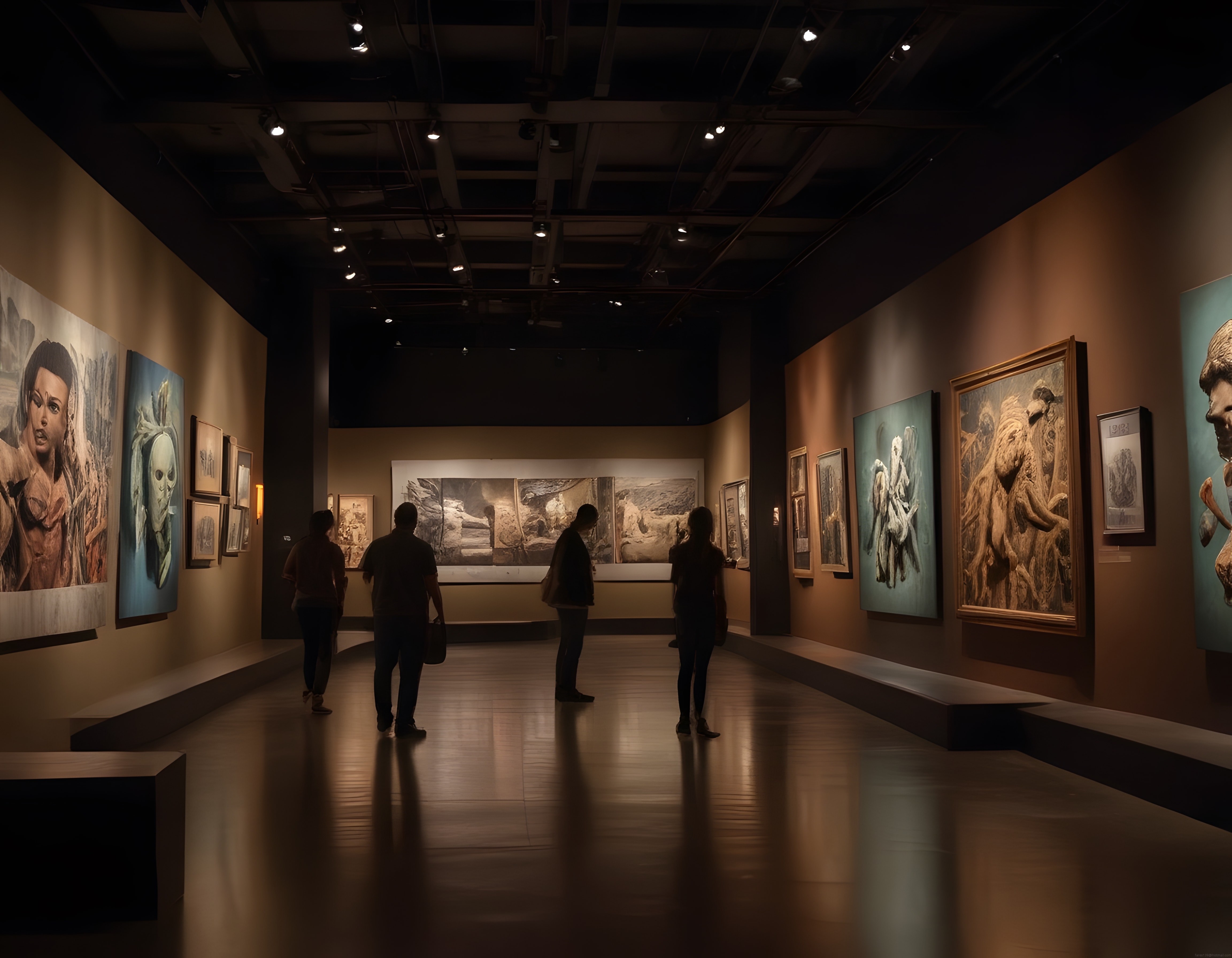 loş aydınlatmalı müze koridorunda sanat eserlerini izleyen ziyaretçiler