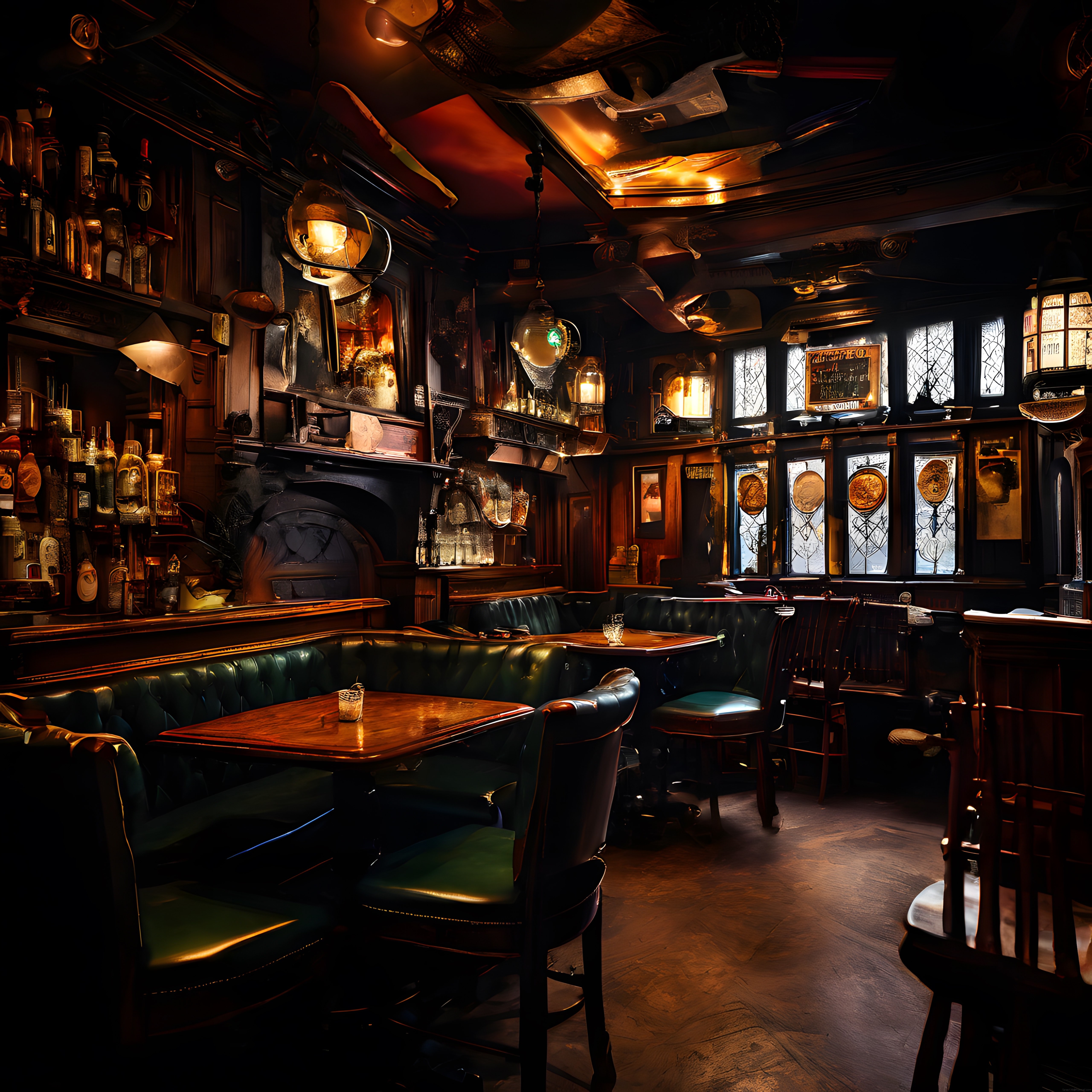 loş aydınlatmalı vintage pub iç mekanı ahşap bar deri koltuklar ve vitraylar