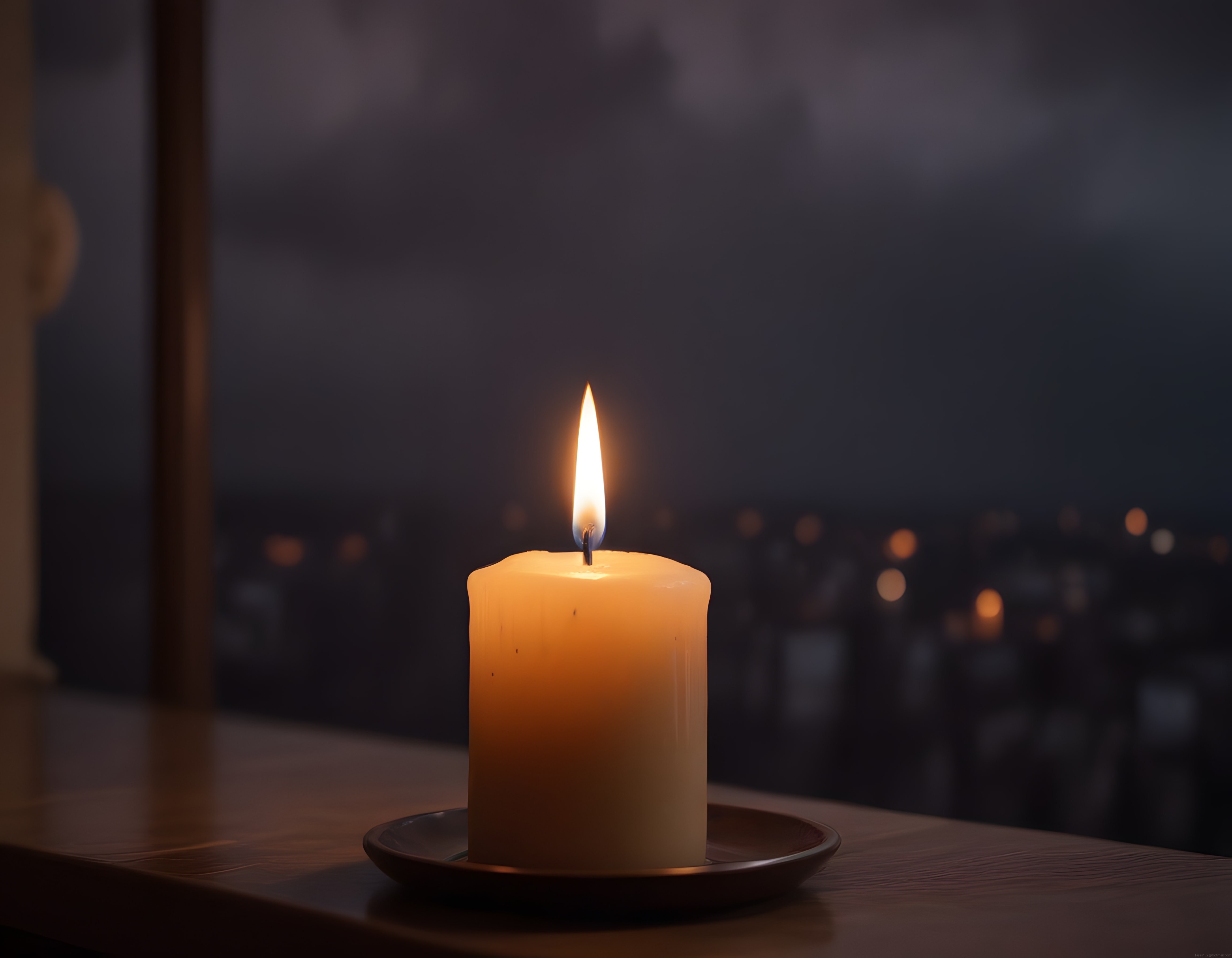 Loş Gecede Pencere Önünde Yalnız Yanan Mum ve Sıcak Huzur Dolu Atmosfer