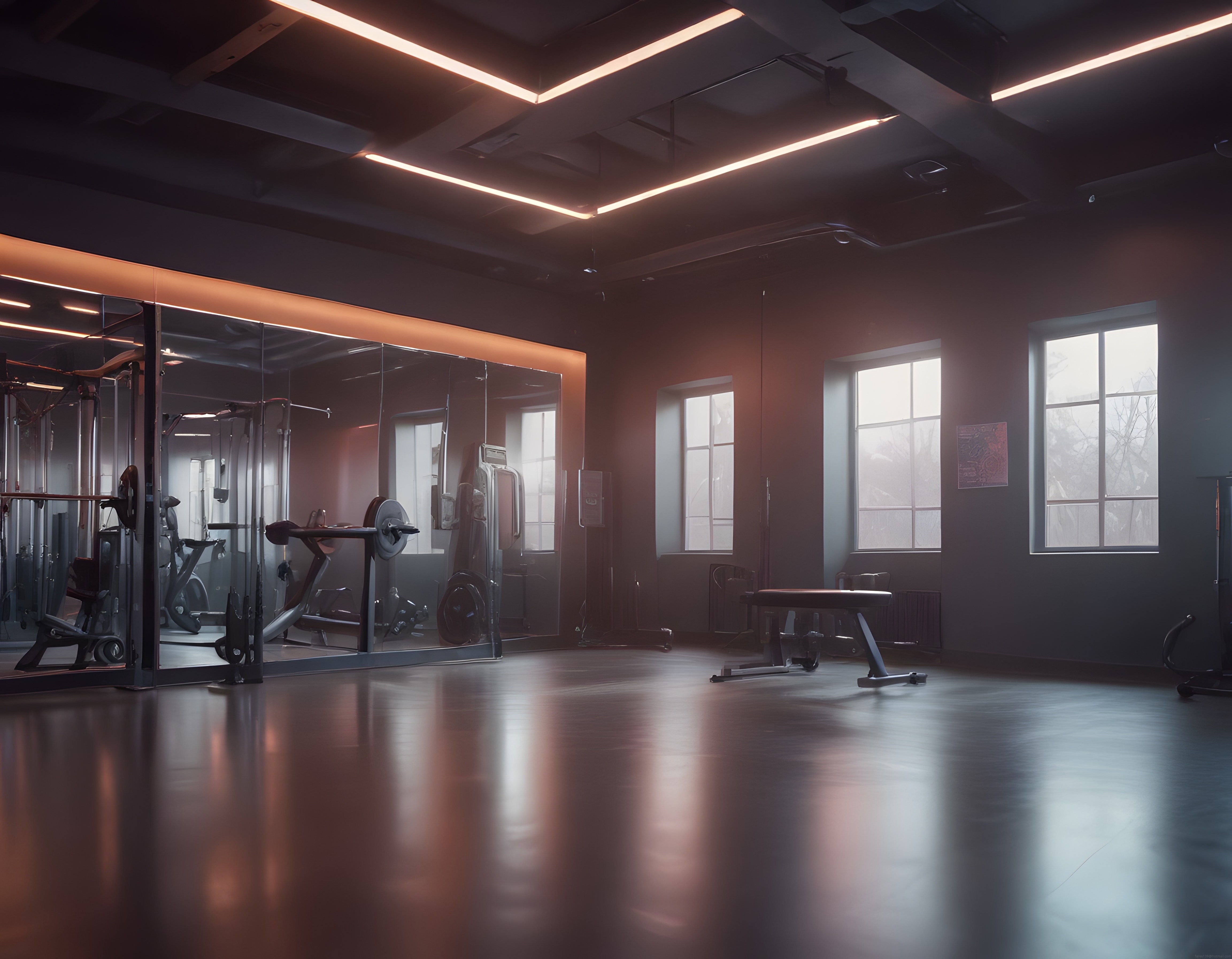 Loş Işıklandırılmış Lüks Fitness Salonu ve Profesyonel Antrenman Ekipmanları