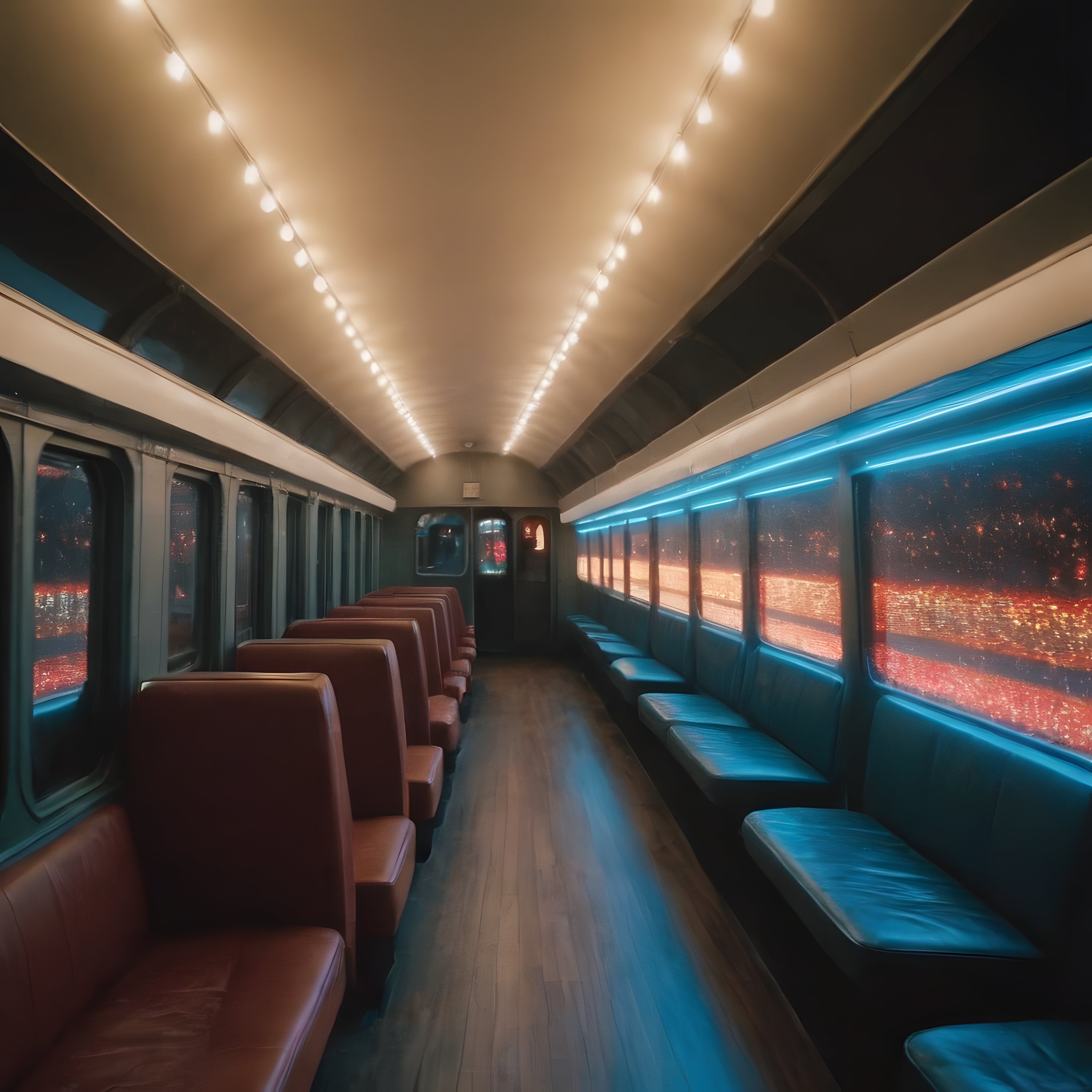 Loş Işıklarla Büyüleyici Gece Treni Vagonu ve Şehir Işıkları Manzarası