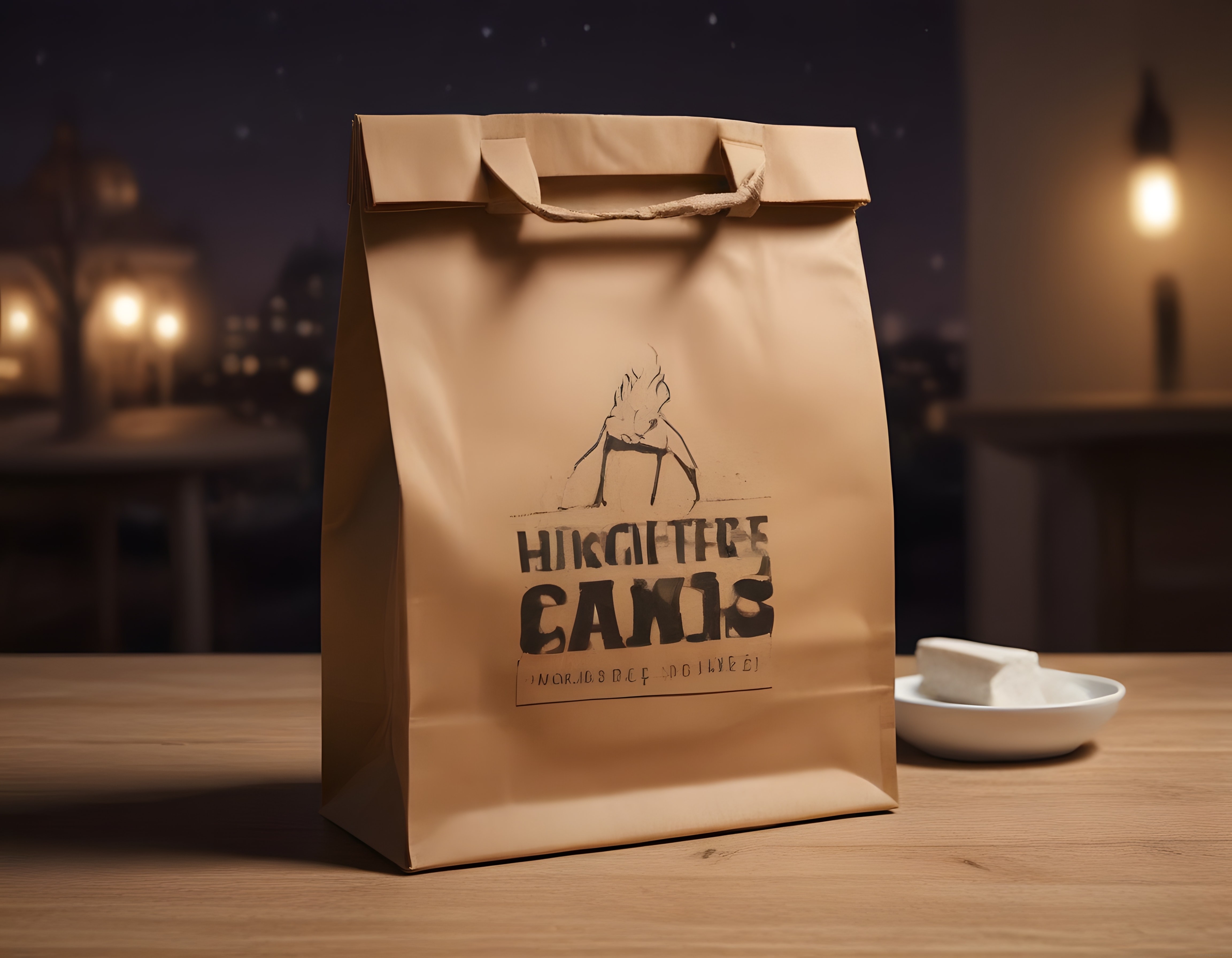 Loş Işıklı Cafe Masasında Highland Canis Kraft Takeaway Poşeti ve Sunumu