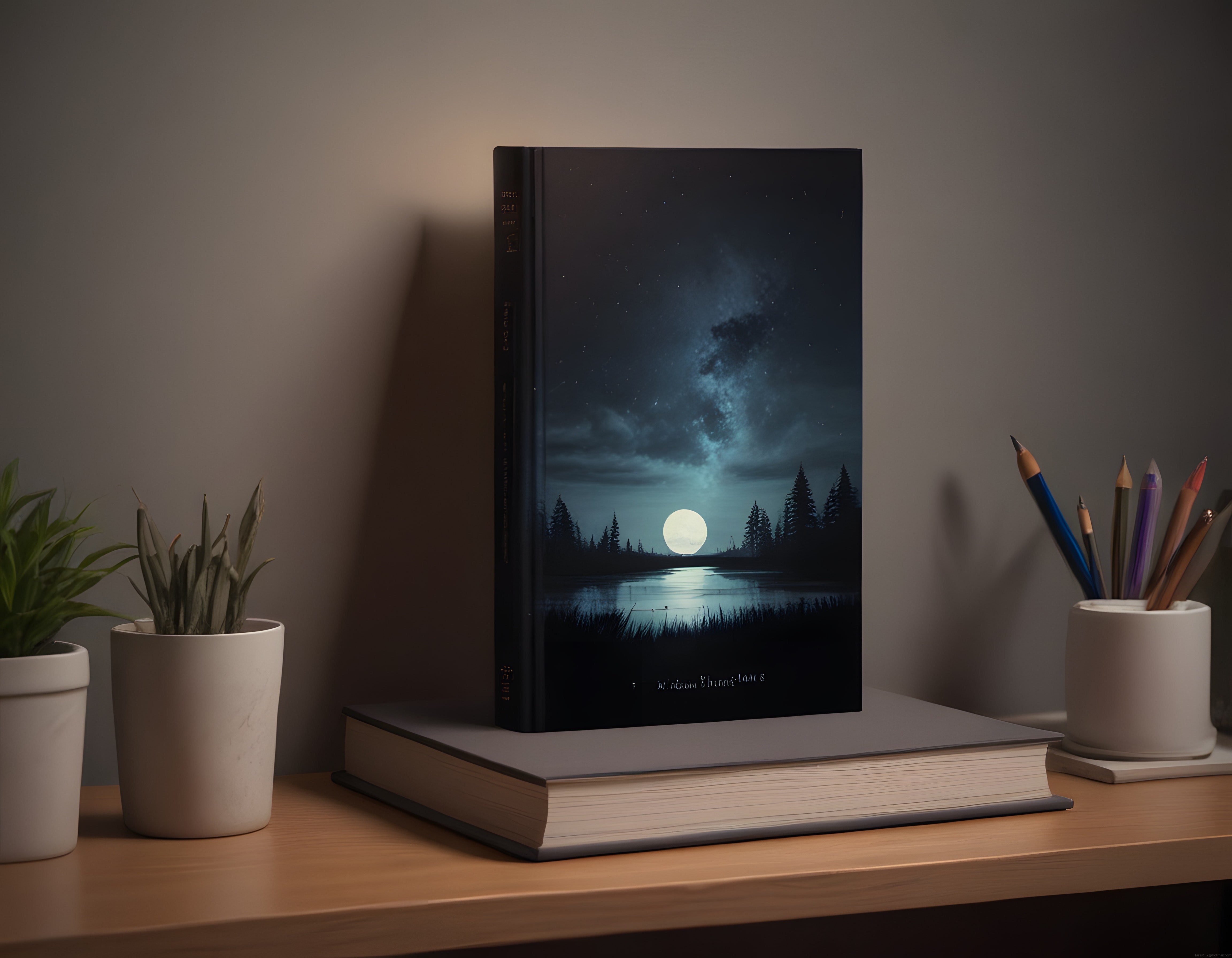Loş Işıklı Çalışma Masasında Gece Manzaralı Kitap ve Dekoratif Düzen