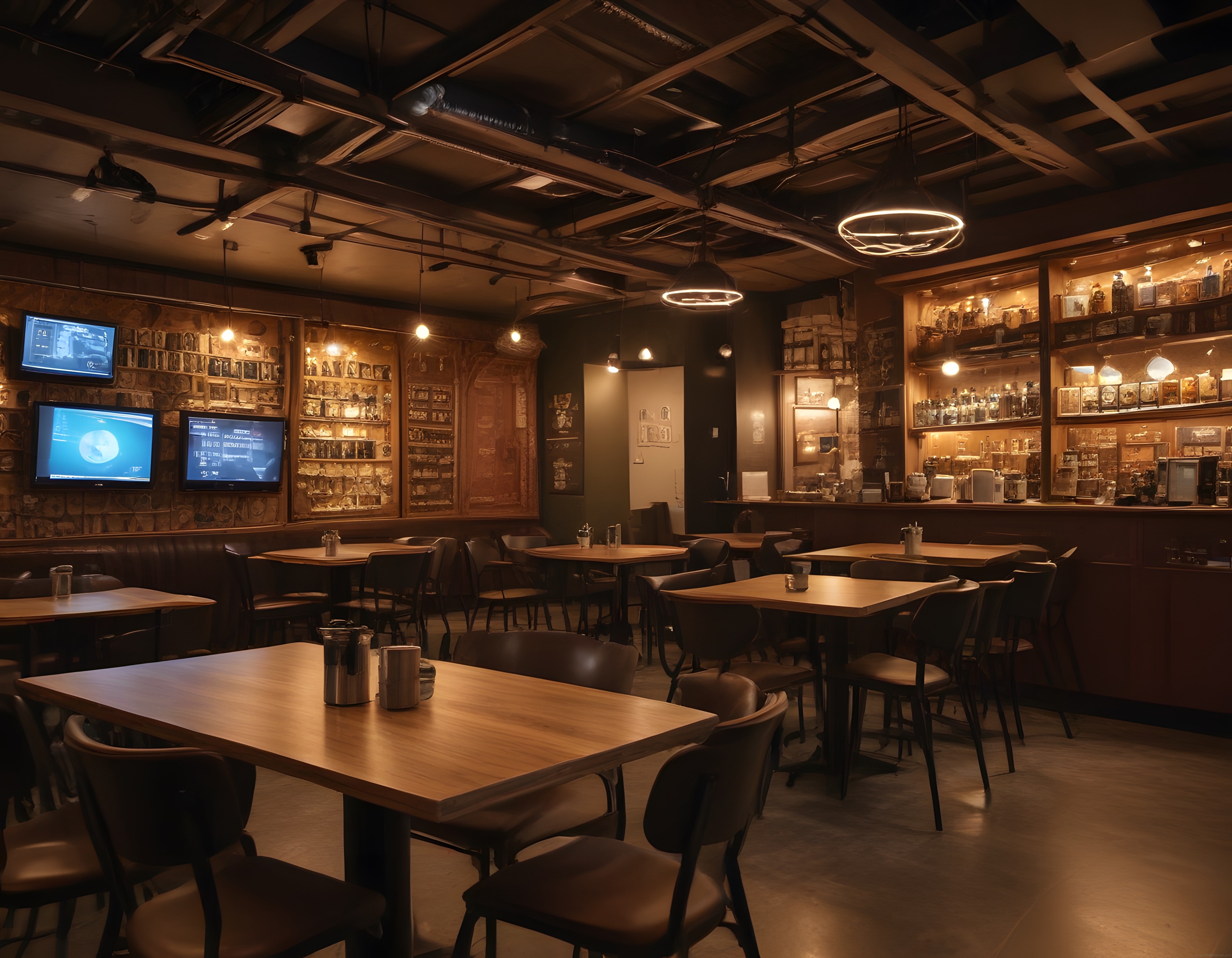 Loş Işıklı Endüstriyel Tarzda Tasarlanmış Şık Restoran ve Bar İç Mekanı