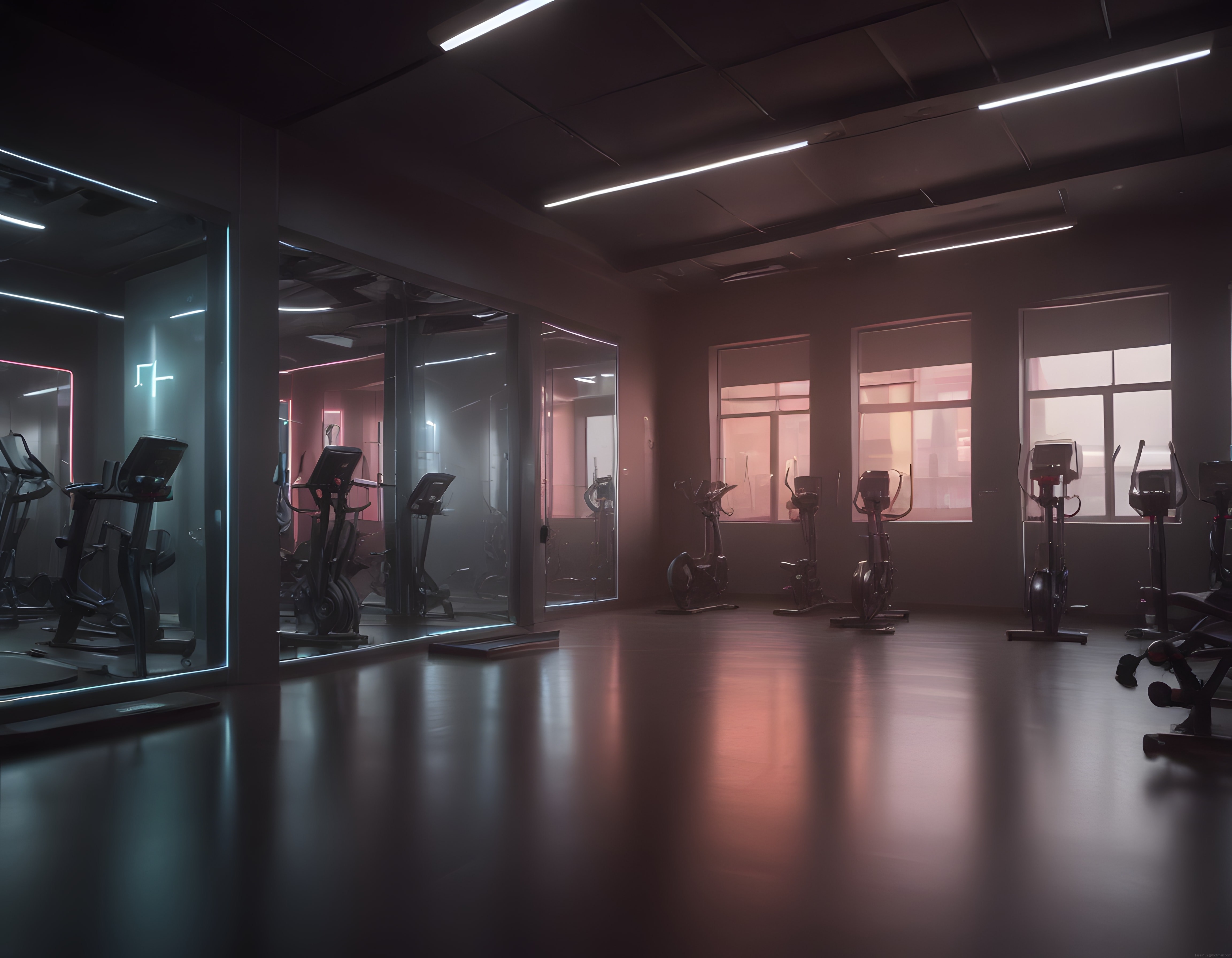 Loş Işıklı Lüks Fitness Salonu: Cardio Ekipmanları ve Neon Detaylar