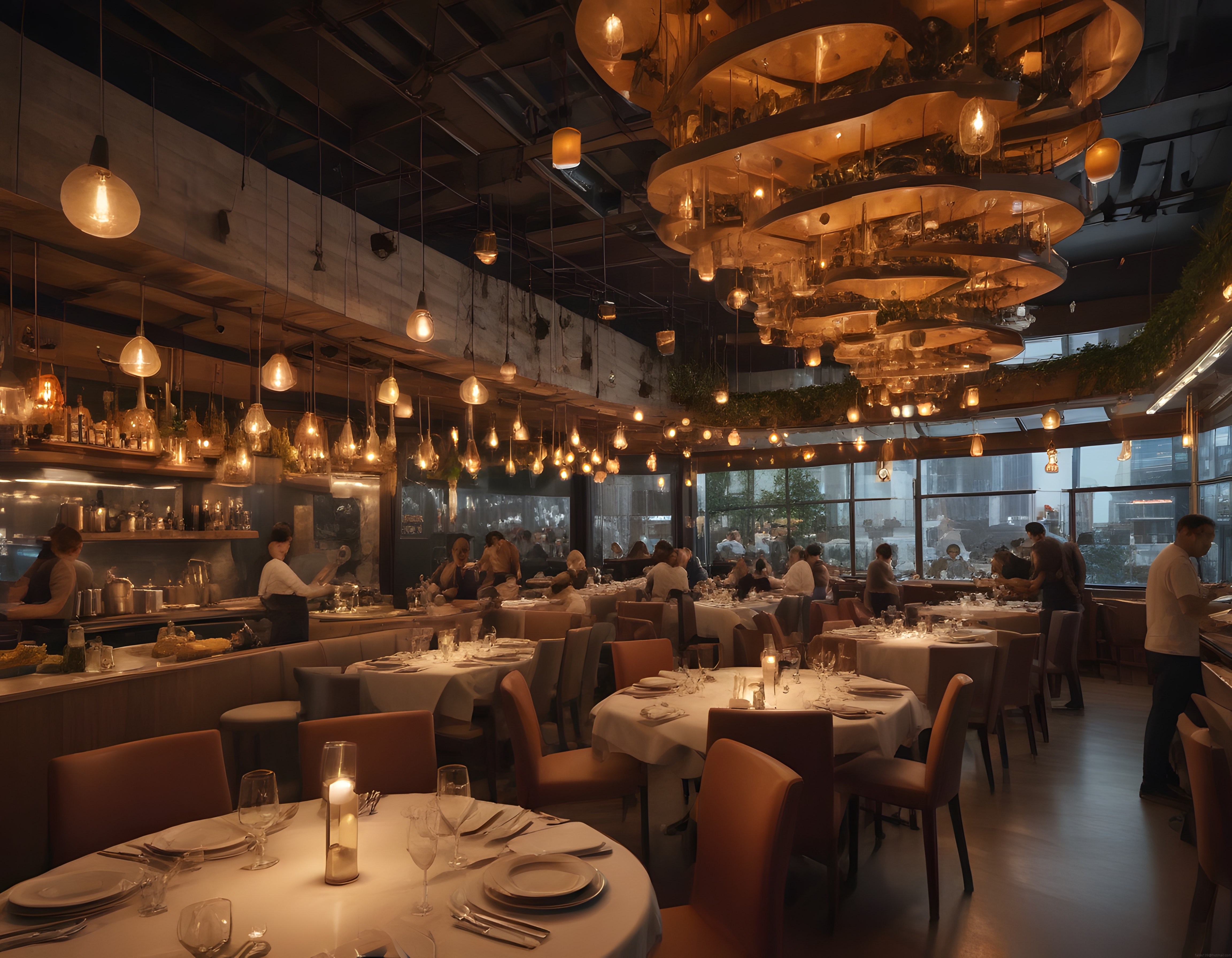 Loş Işıklı Lüks Restoran İç Mekanı: Mumlu Masalarda Şık Akşam Yemeği Havası
