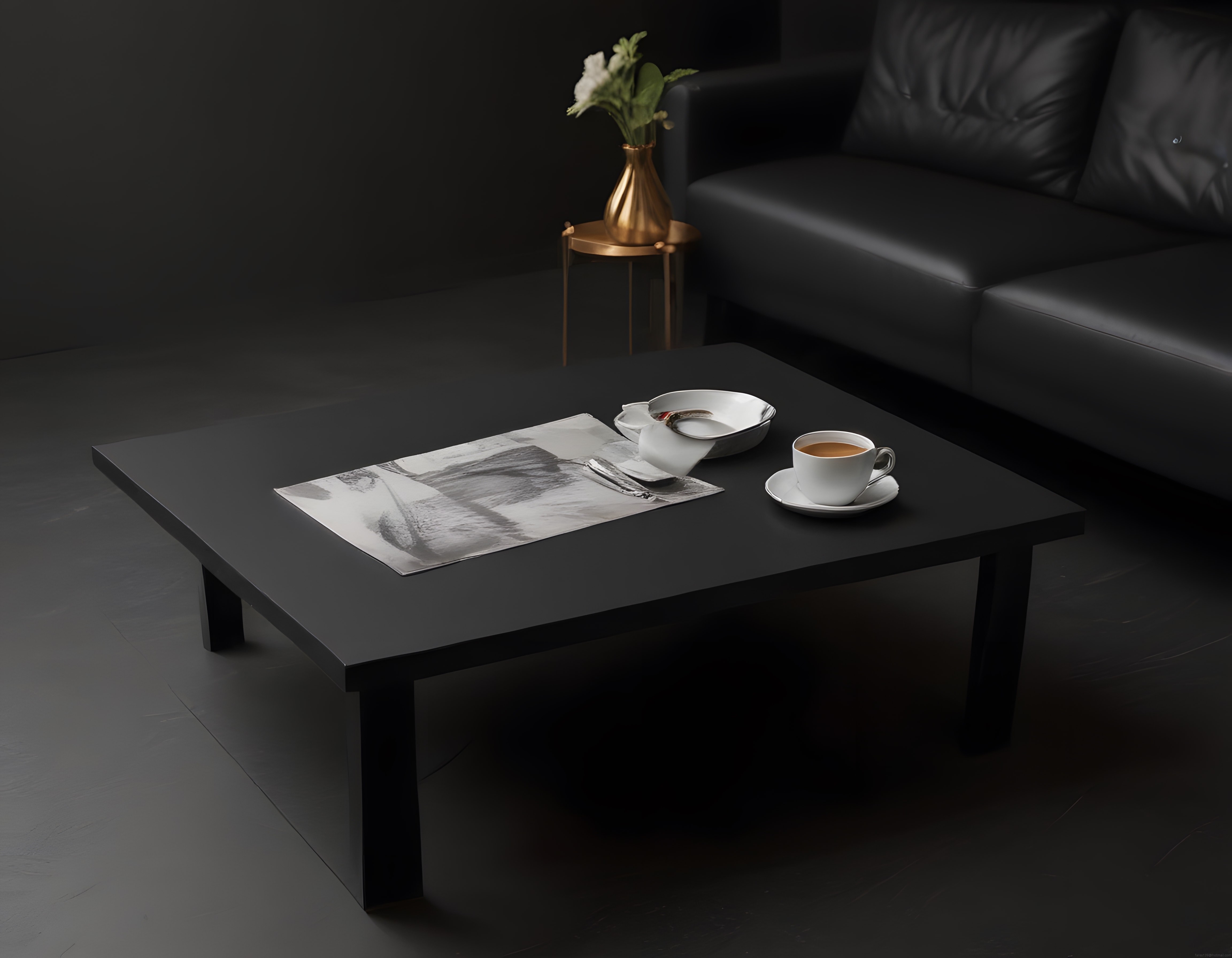 Loş Işıklı Modern Salon: Minimalist Siyah Mobilya ve Şık Orta Sehpa Düzenlemesi