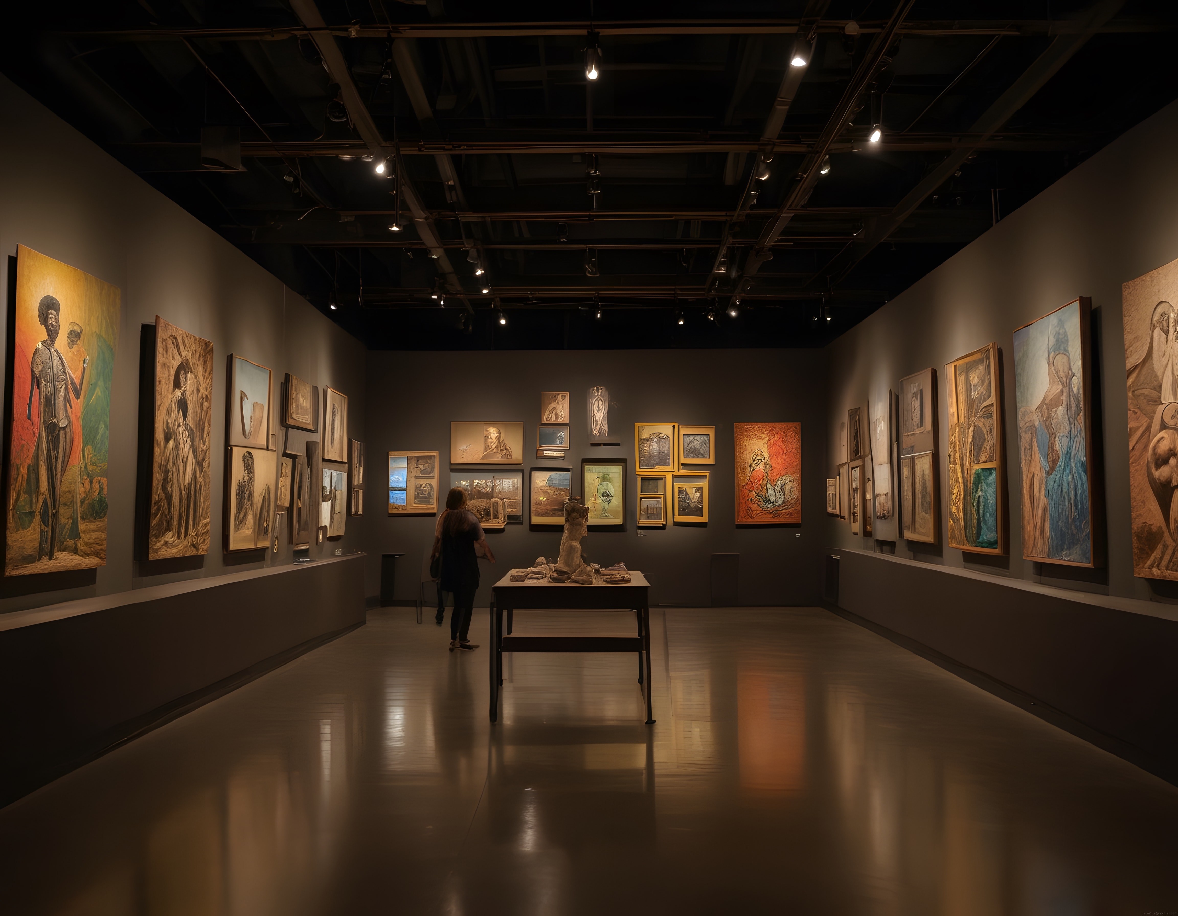 loş ışıklı modern sanat galerisi iç mekânında eserleri inceleyen ziyaretçi