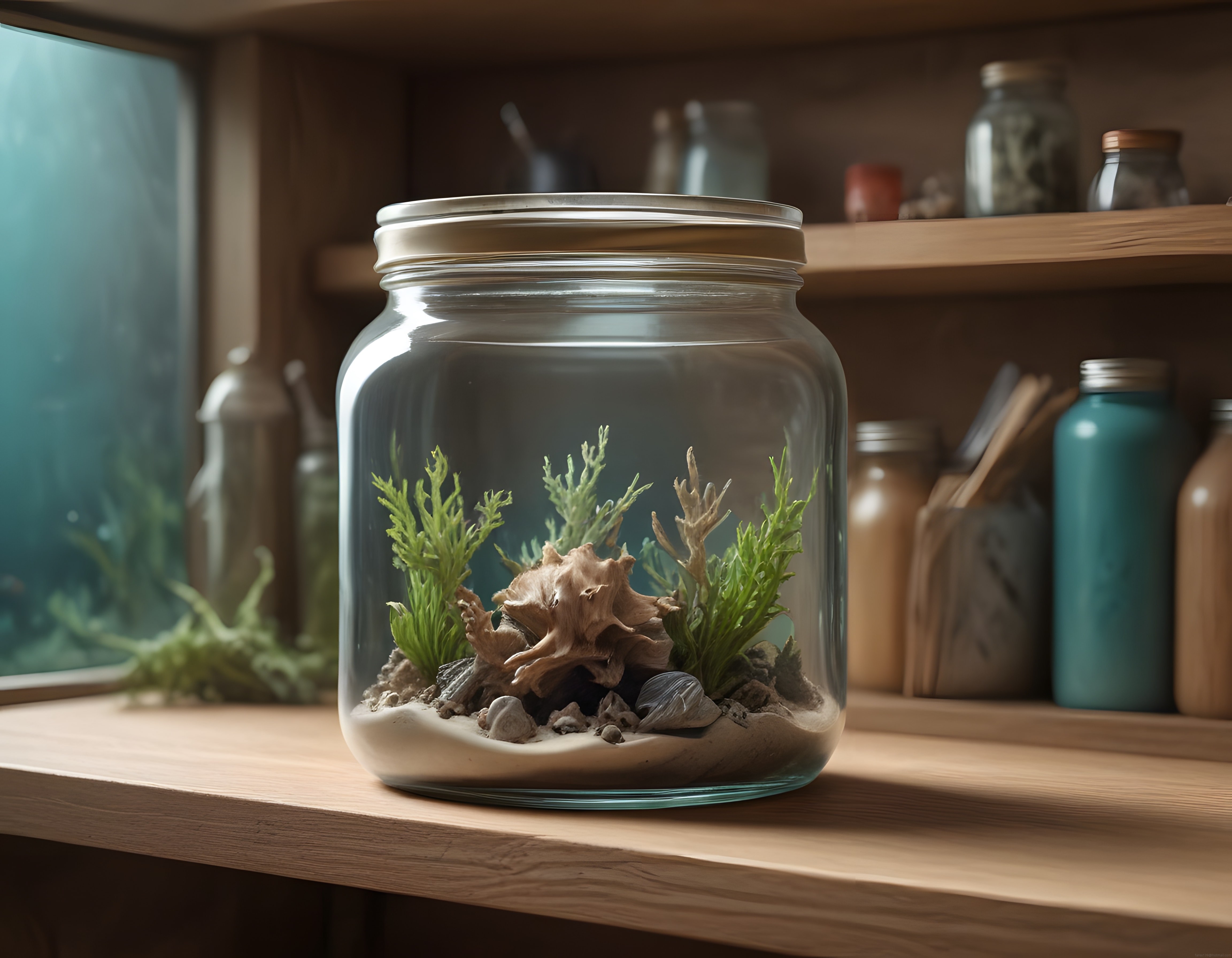 Loş Işıklı Mutfakta Ahşap Raf Üzerindeki Deniz Temalı Terrarium Kavanoz