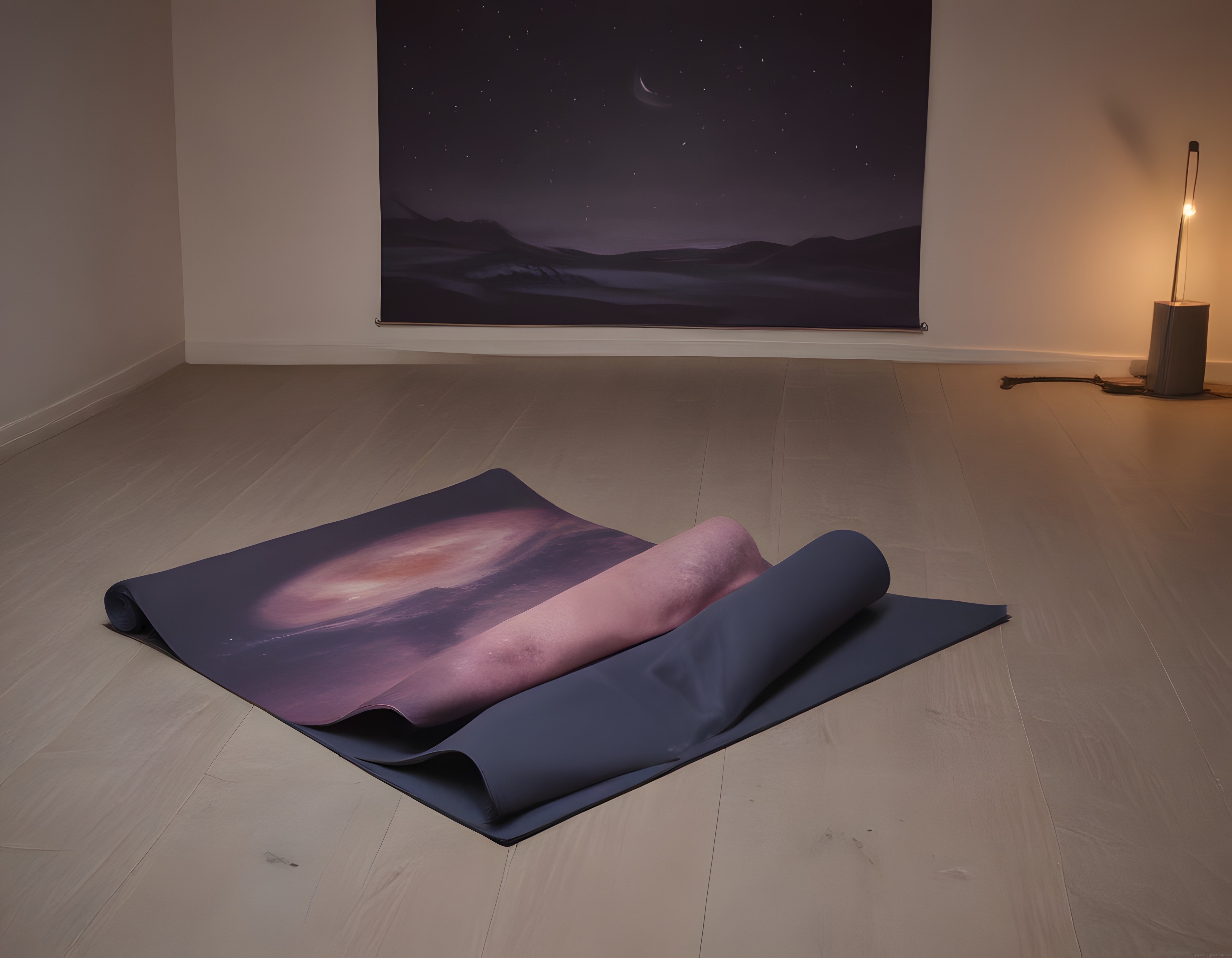 Loş Işıklı Odada Galaksi Desenli Yoga Matı ve Gece Manzaralı Duvar Posteri