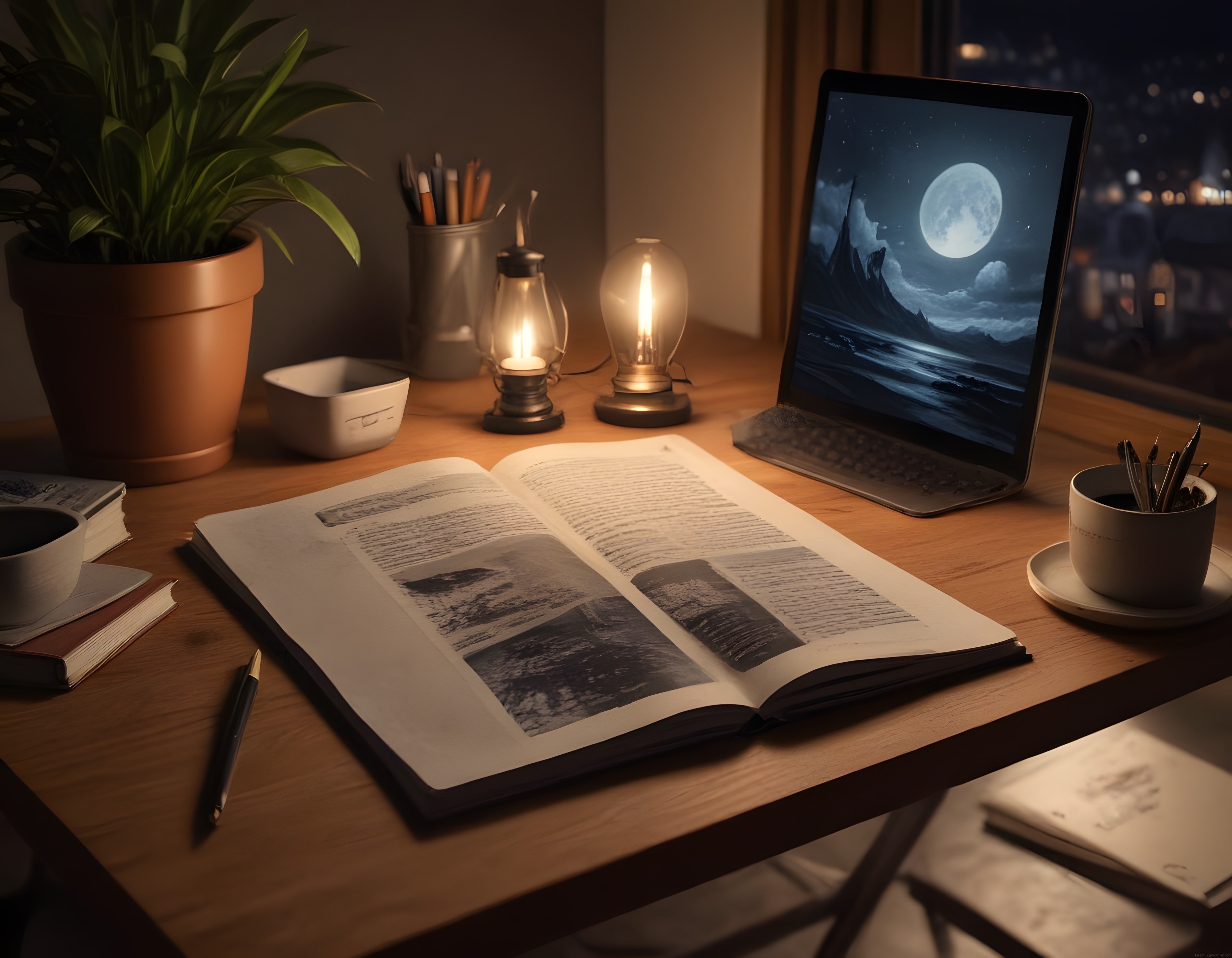 Loş Işıklı Sıcak Çalışma Köşesinde Kitap ve Laptop ile Huzurlu Akşam
