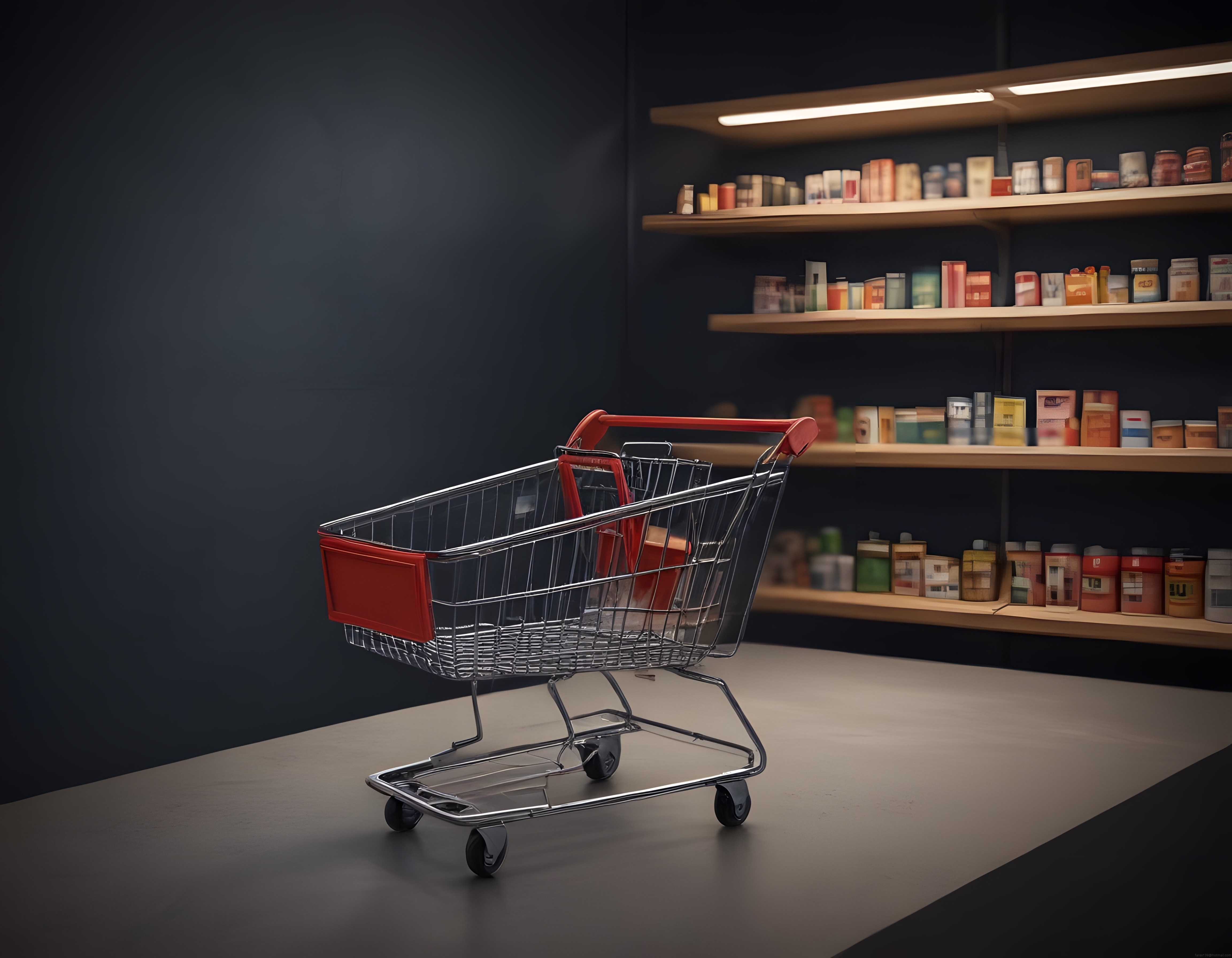 Loş Işıklı Süpermarket Köşesinde Yalnız Duran Metal Alışveriş Arabası