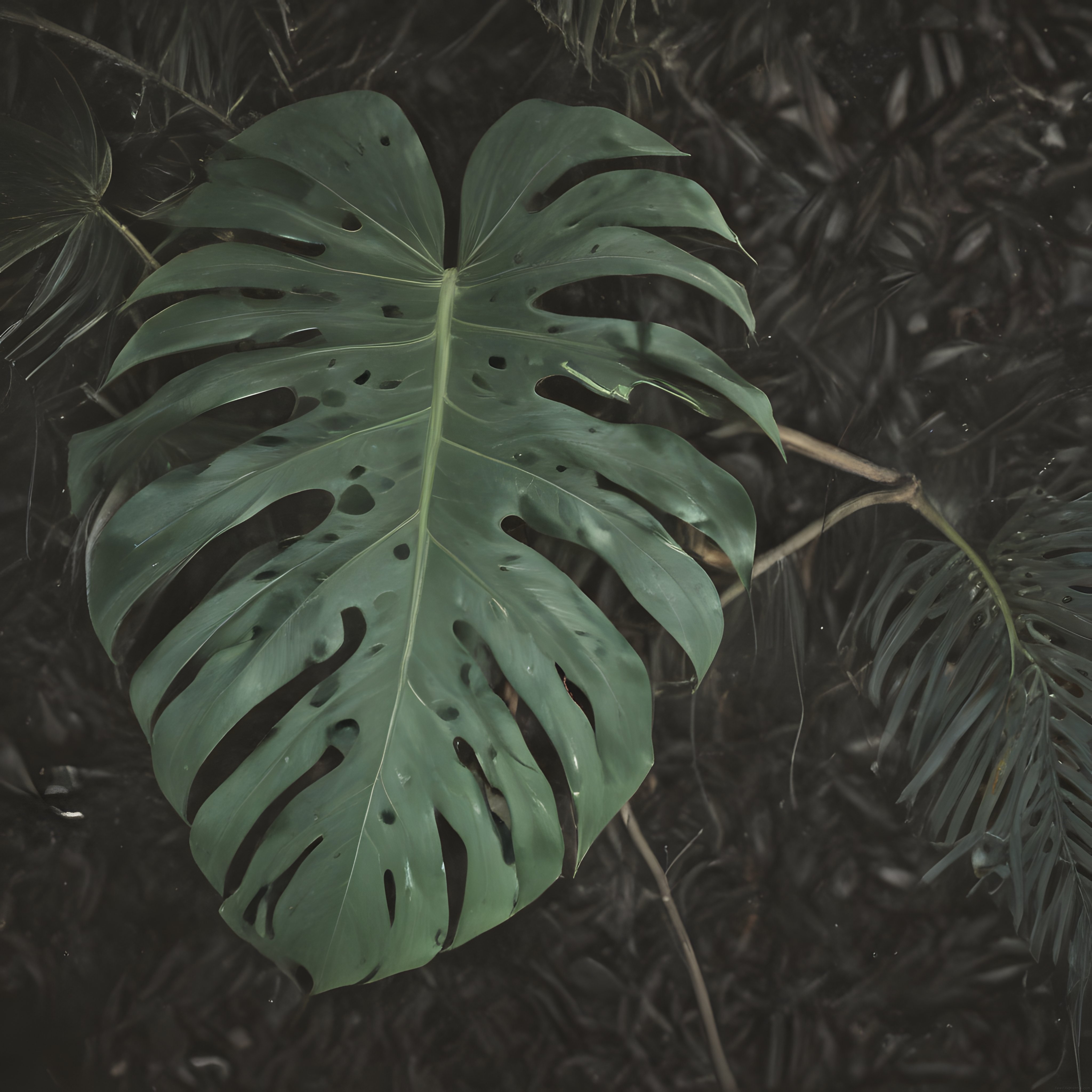 Loş Işıklı Tropik Ormanda Büyük Yeşil Monstera Yaprağı Detayı
