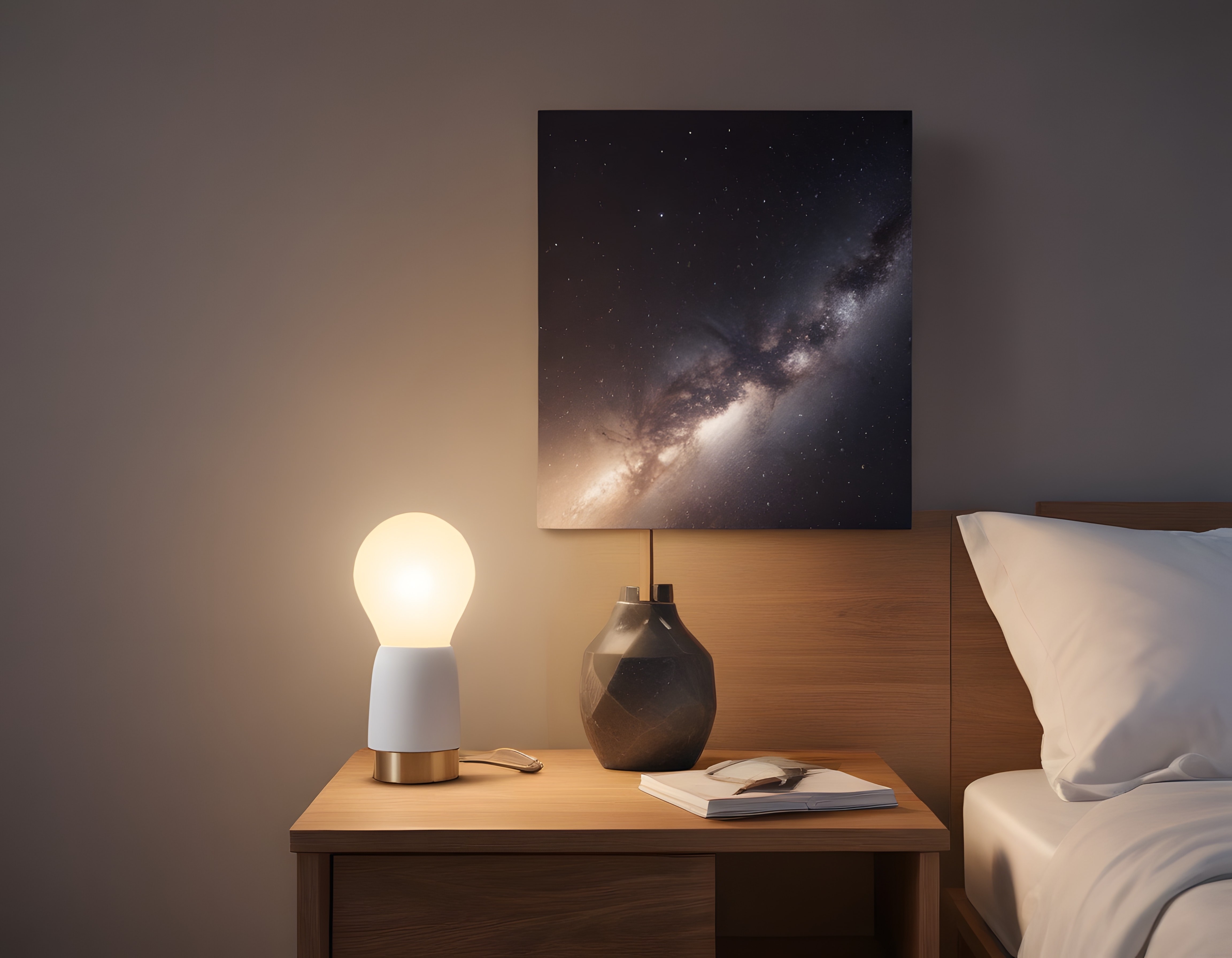Loş Işıklı Yatak Odası: Modern Gece Lambası ve Galaksi Tablosuyla Dekor