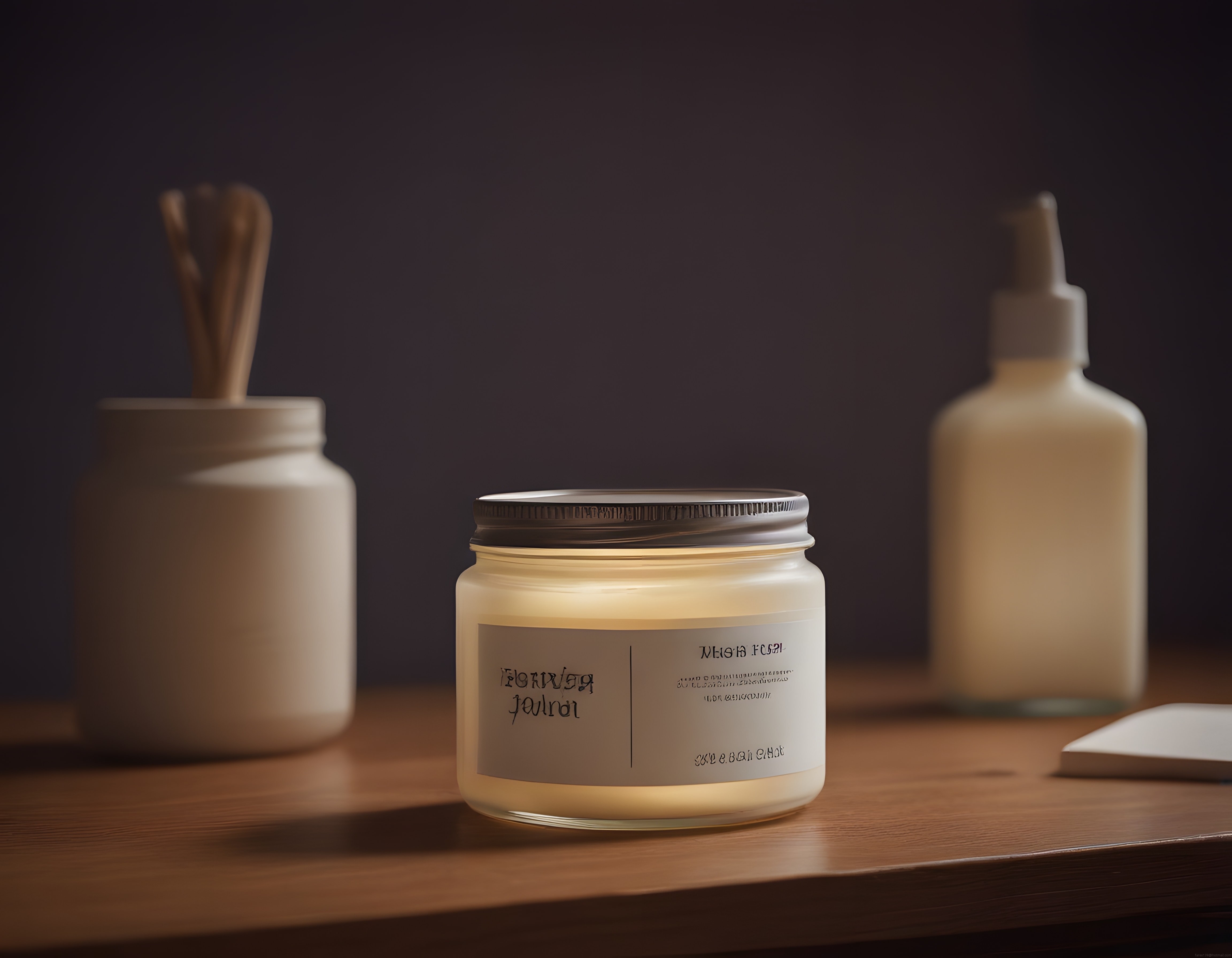 Loş Işıkta Ahşap Masa Üzerinde Vetiver Tonka Aromalı Cam Mum ve Kozmetik Şişe