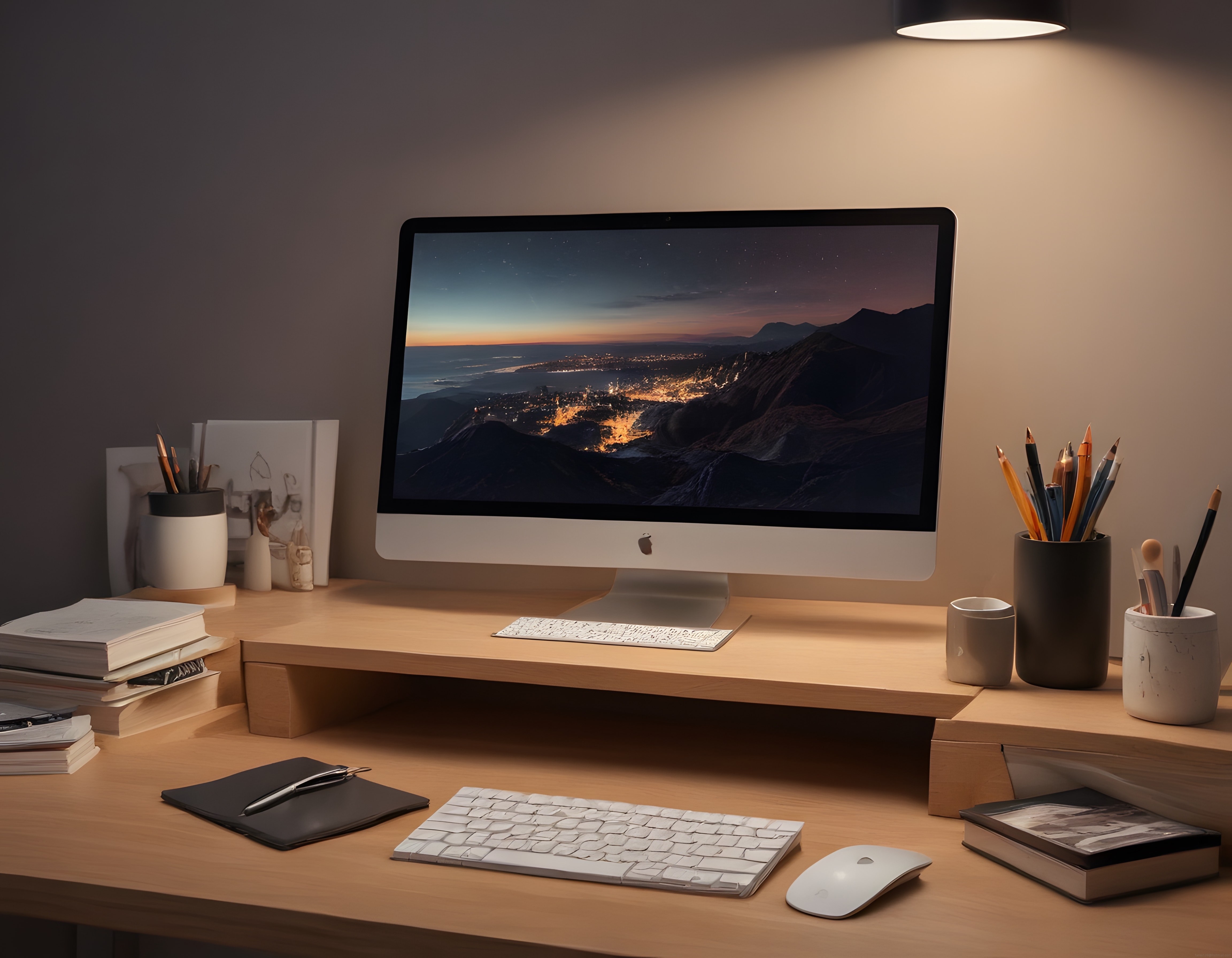 Loş Işıkta Apple iMacli Minimalist Ahşap Çalışma Masası Düzeni