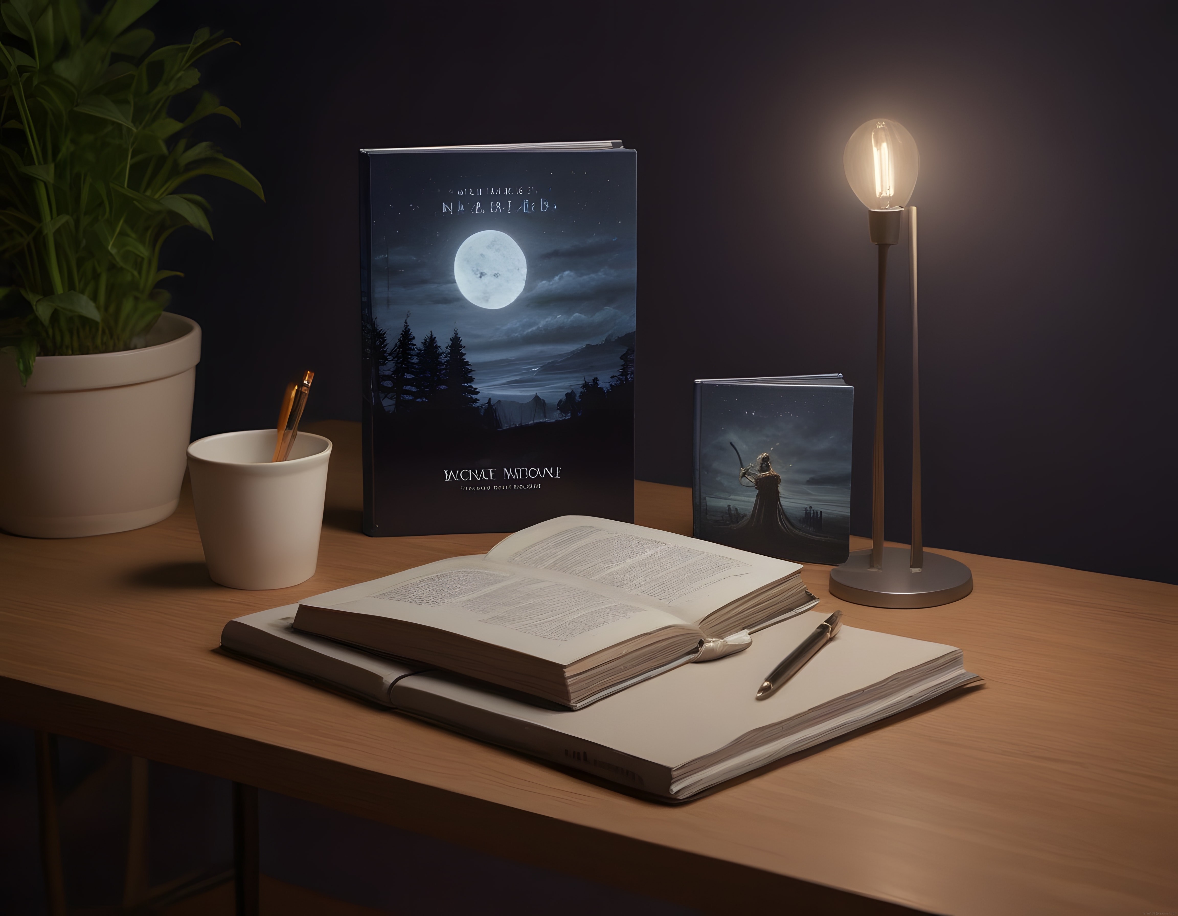 Loş Işıkta Kitap Okuma Köşesi: Gizemli Gece Atmosferli Çalışma Masası
