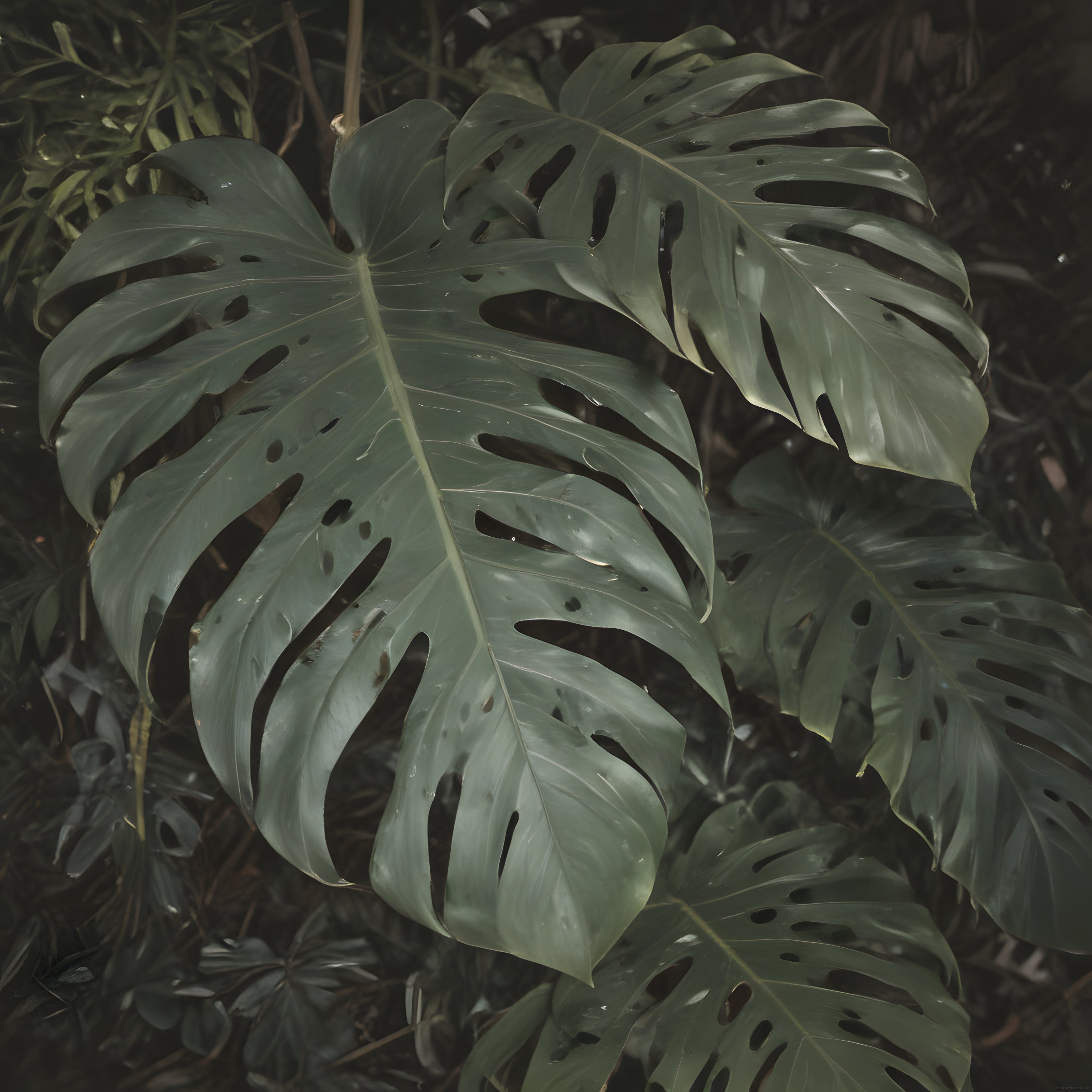 Loş Işıkta Parlayan Dev Monstera Yaprakları ve Tropikal Orman Detayı