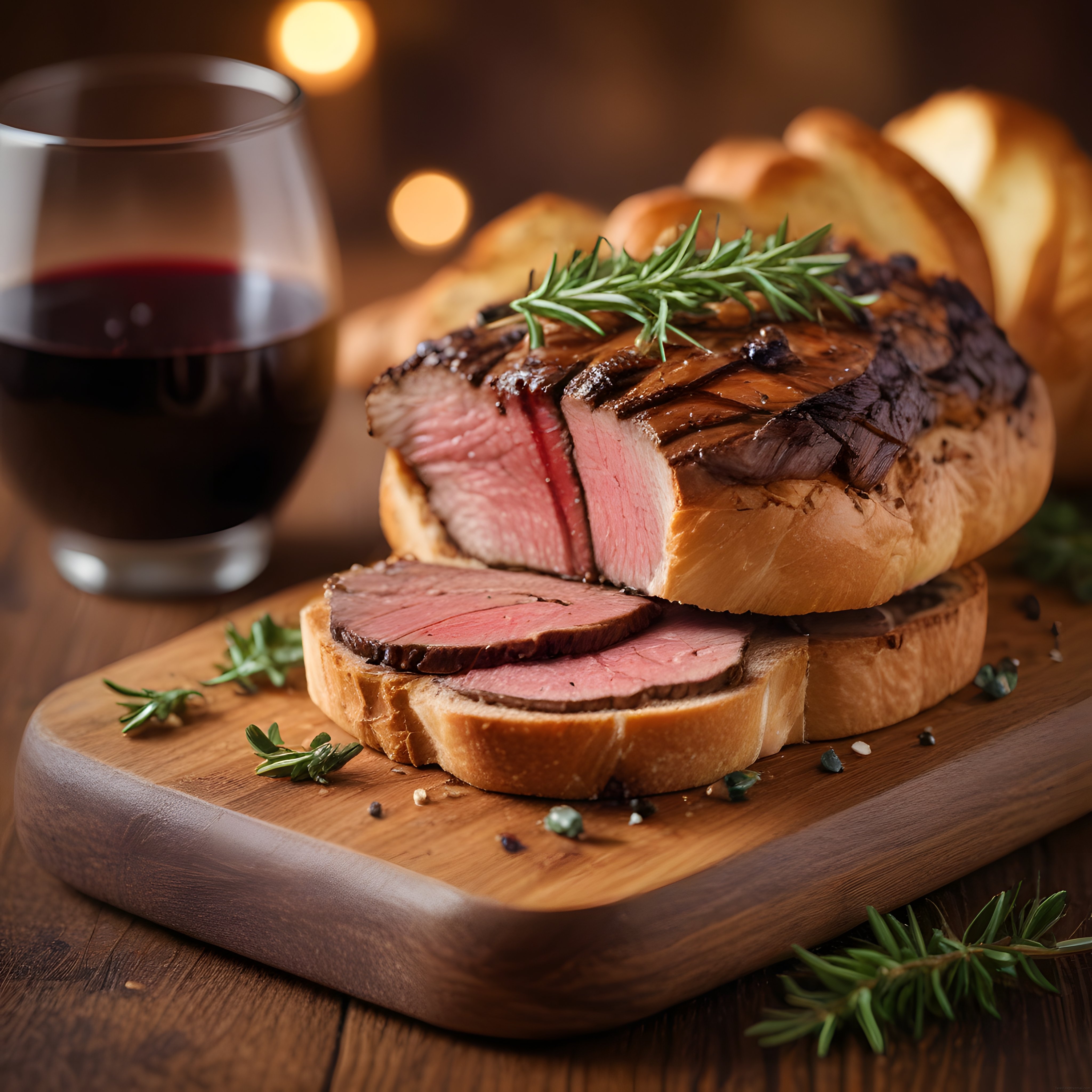 Loş Işıkta Şarap Eşliğinde Biberiyeli Orta Pişmiş Roast Beef Sunumu
