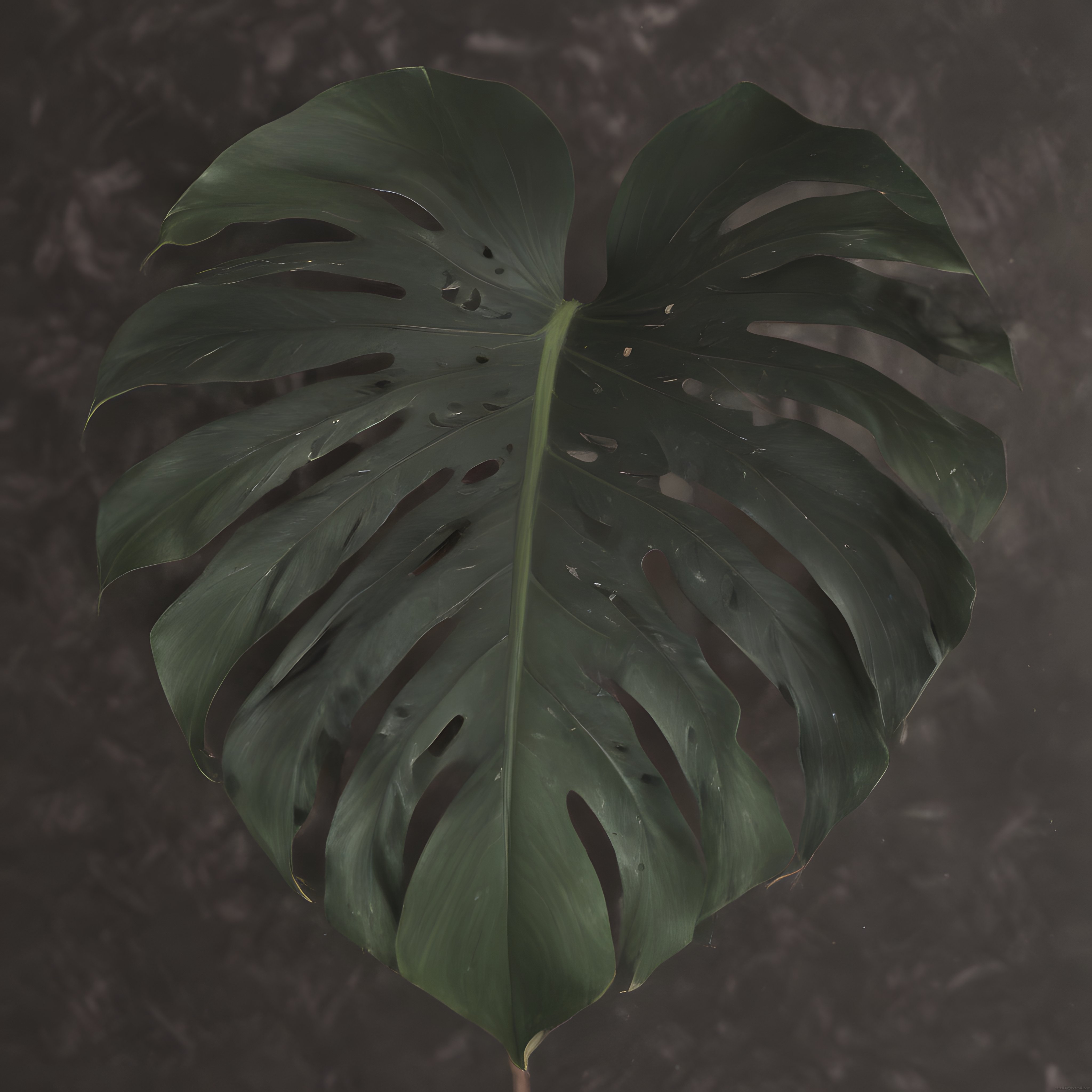 Loş Işıkta Su Damlacıkları Parıldayan Gizemli Monstera Yaprağı