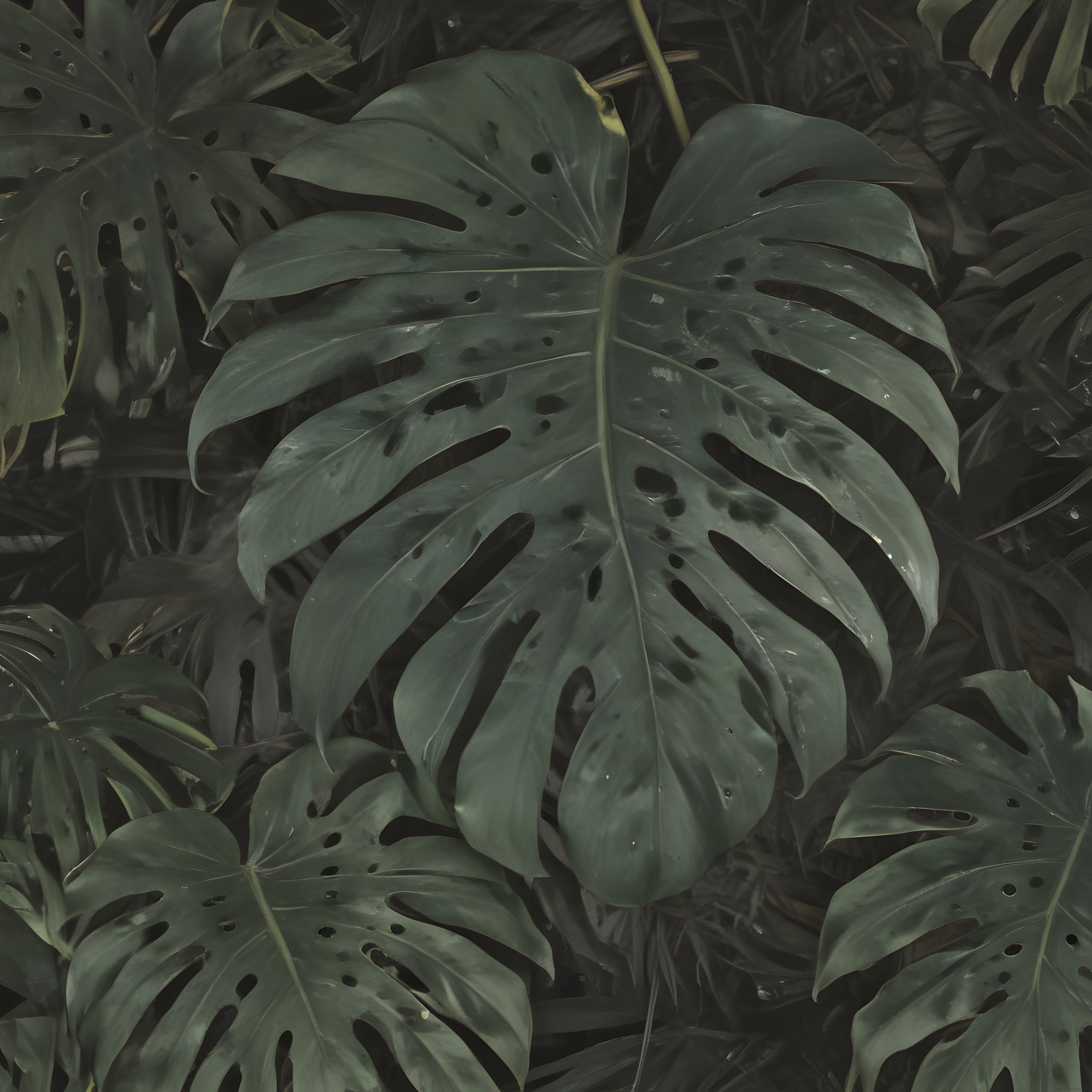Loş Işıkta Tropikal Monstera Yapraklarının Etkileyici Yakın Çekim Detayları