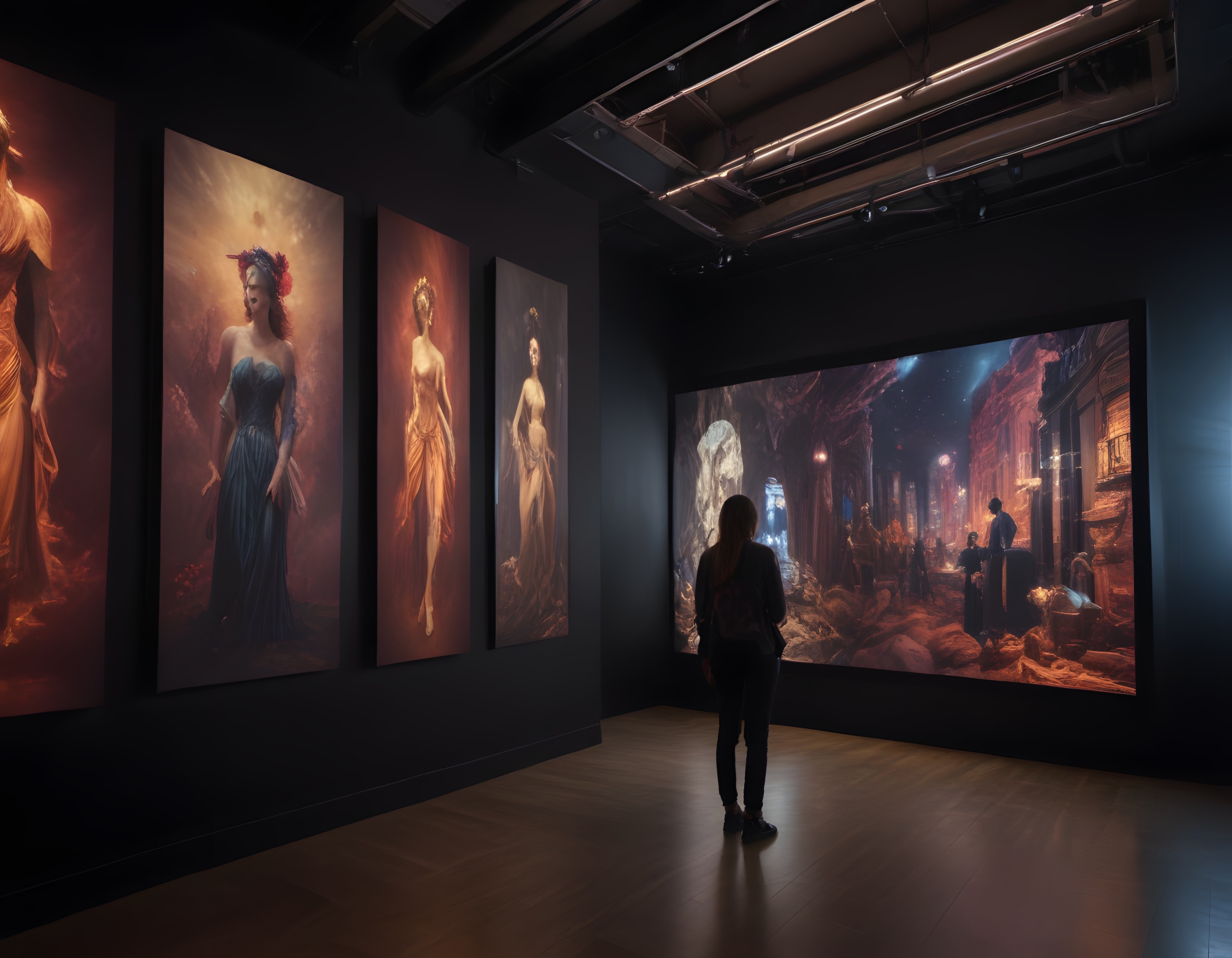 Loş Müze Ortamında Dijital Sanat Eserleri Önünde Duran Ziyaretçi Silueti