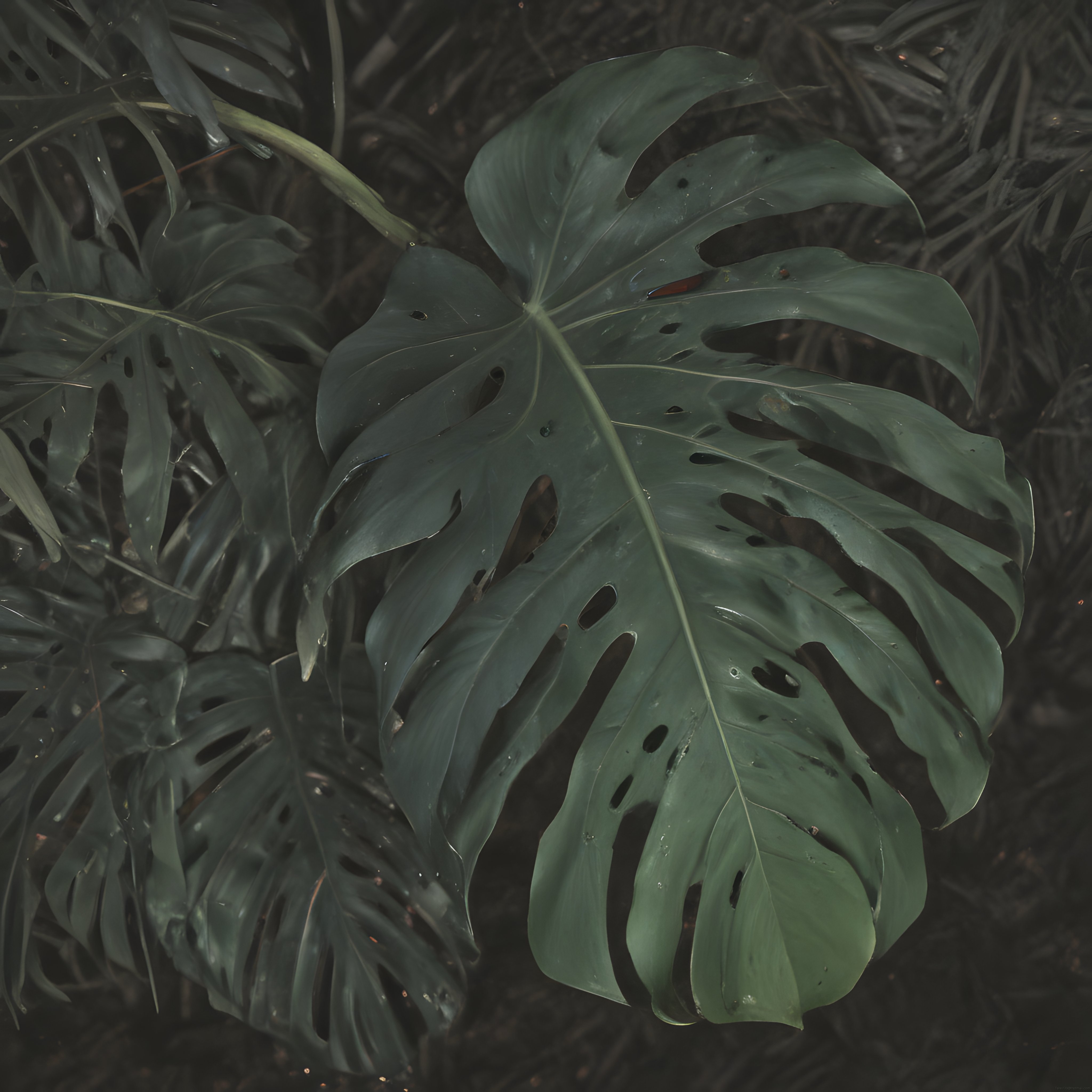 Loş Orman Atmosferinde Büyük Monstera Yaprakları ve Doğal Su Damlacıkları