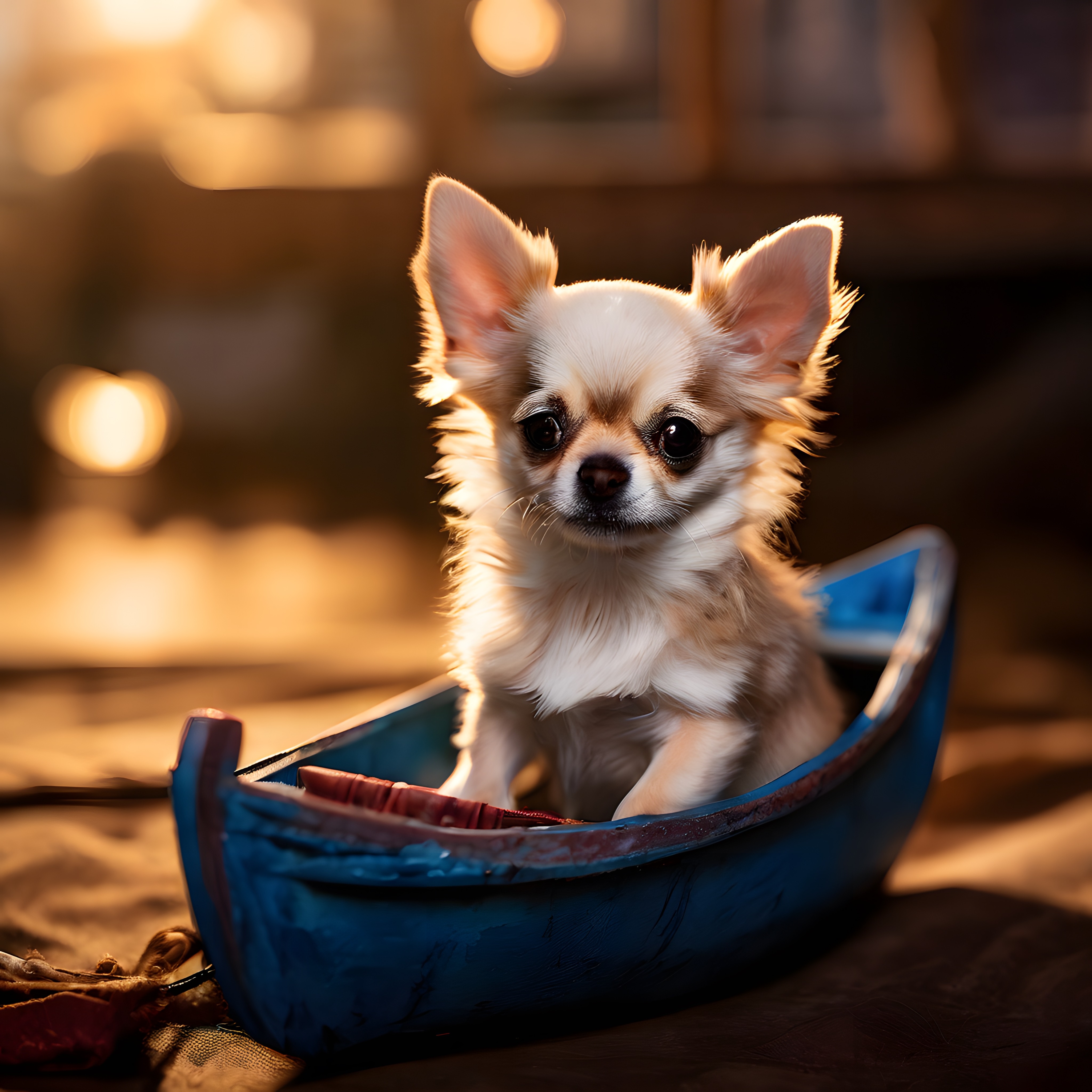 Loş ortamda minik teknesinde oturan sevimli chihuahua köpek yavrusu