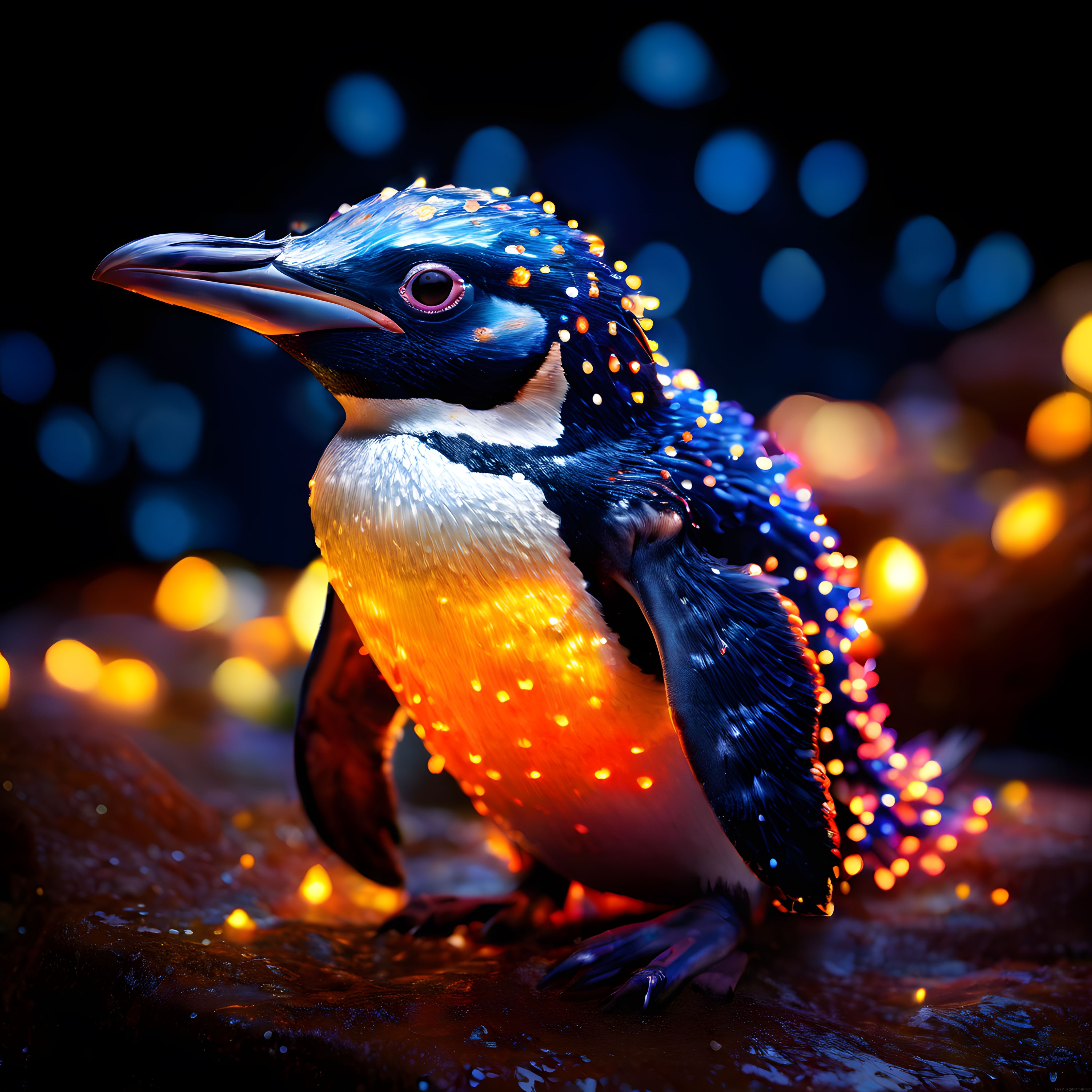 Loş ortamda parıldayan renkli ışıklarla süslenmiş büyüleyici penguen