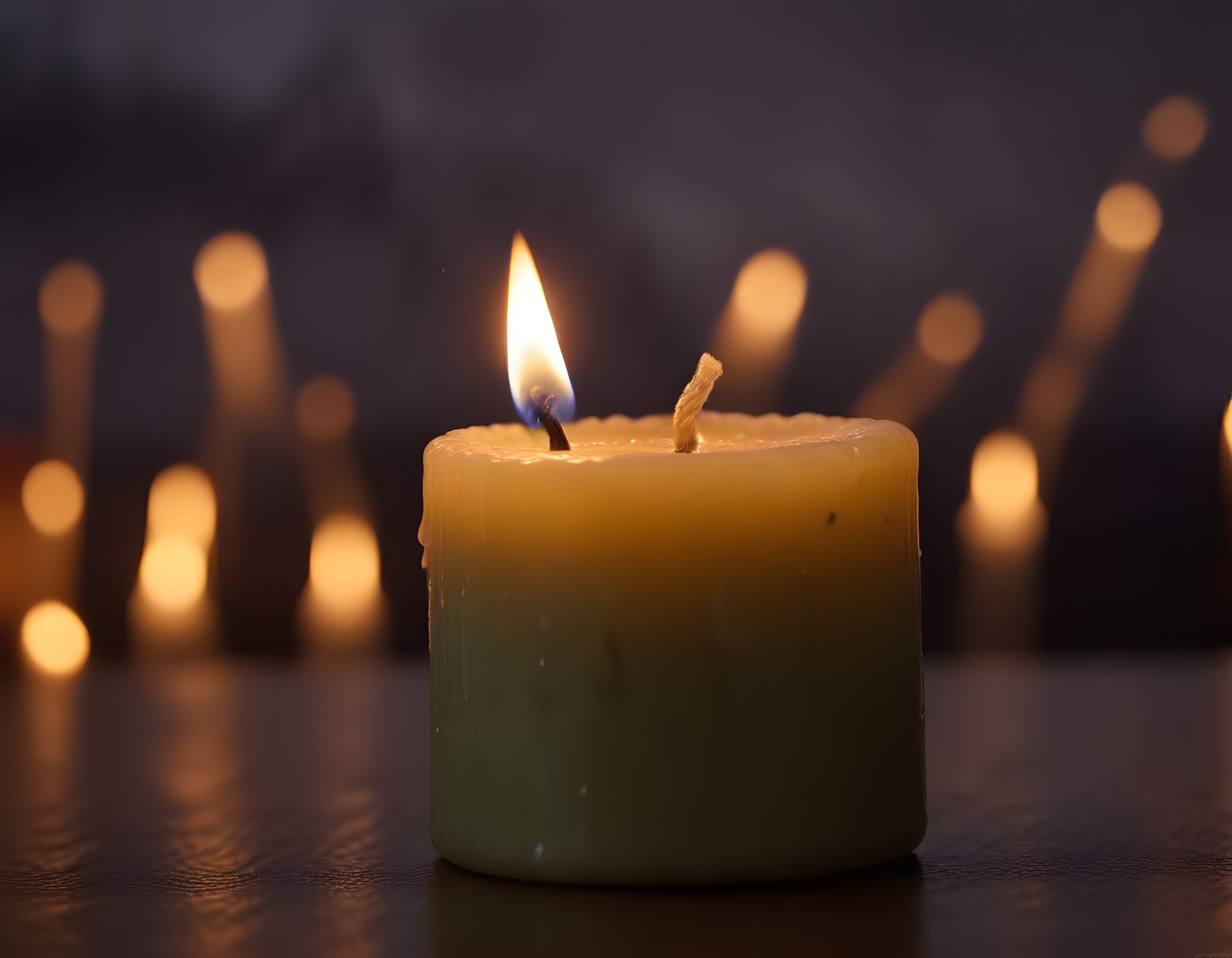 Loş Ortamda Yanan Mum ve Bokeh Efektli Işıklar: Huzur Verici Atmosfer